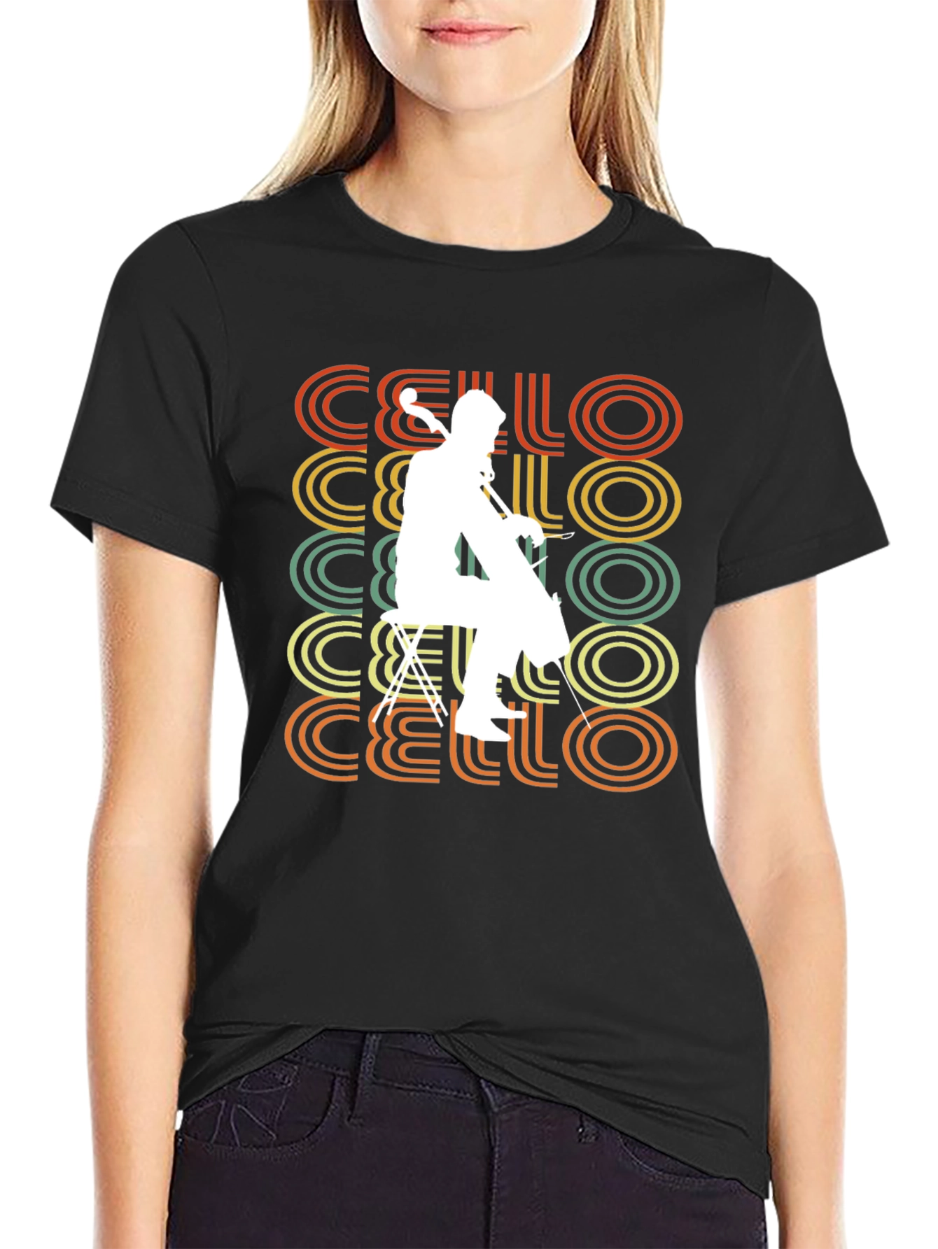 Black Vintage Cello Player T-Shirt - Retro Music Tee view 2