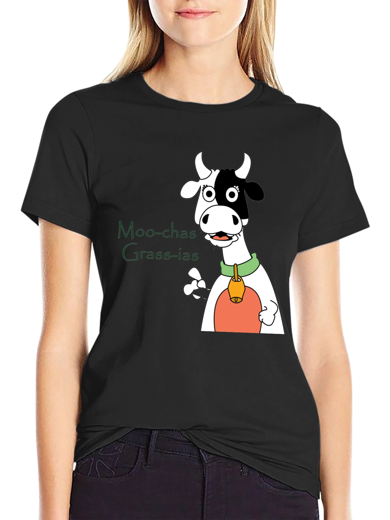 Black Moo-chas Grass-ias Cow Graphic Black T-Shirt view 2