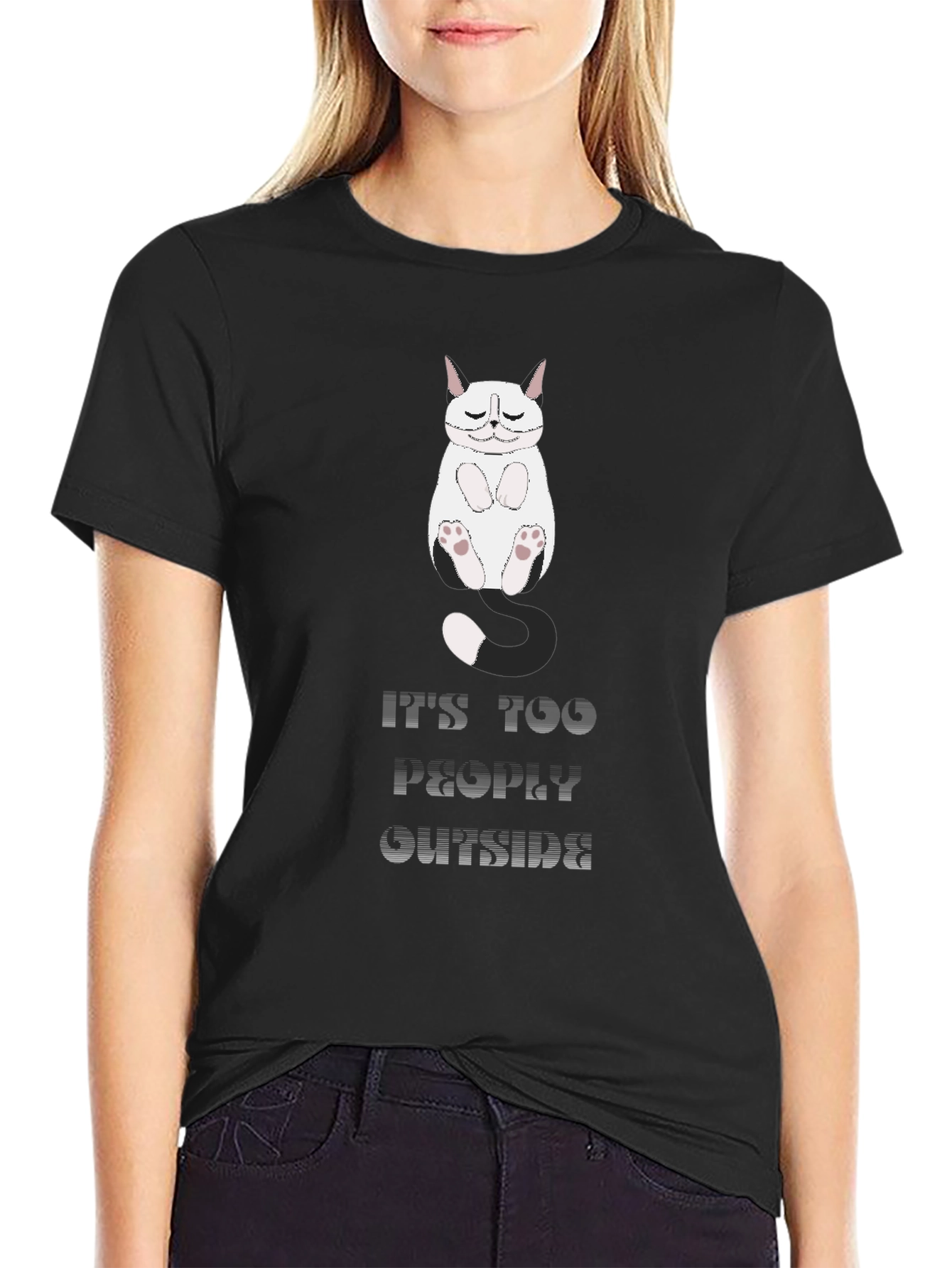 Black Funny Cat Graphic T-Shirt - "It's Too Peopley Outside" view 2