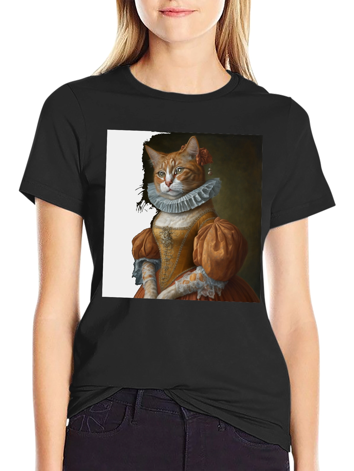 Black Renaissance Cat Portrait T-Shirt view 2