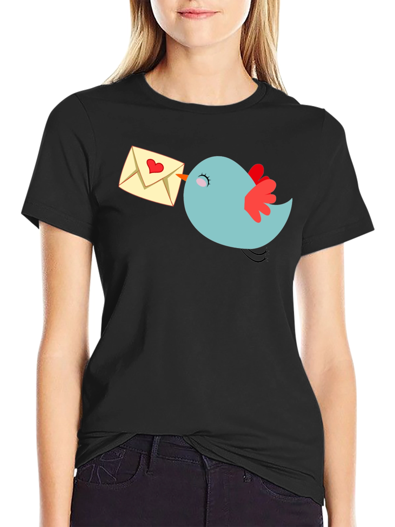 Black Cute Bird Love Letter Graphic Tee - Black view 2