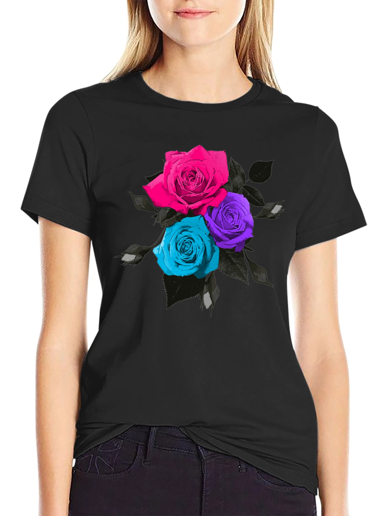 Black Floral Roses T-Shirt - Unique Colorful Design view 2