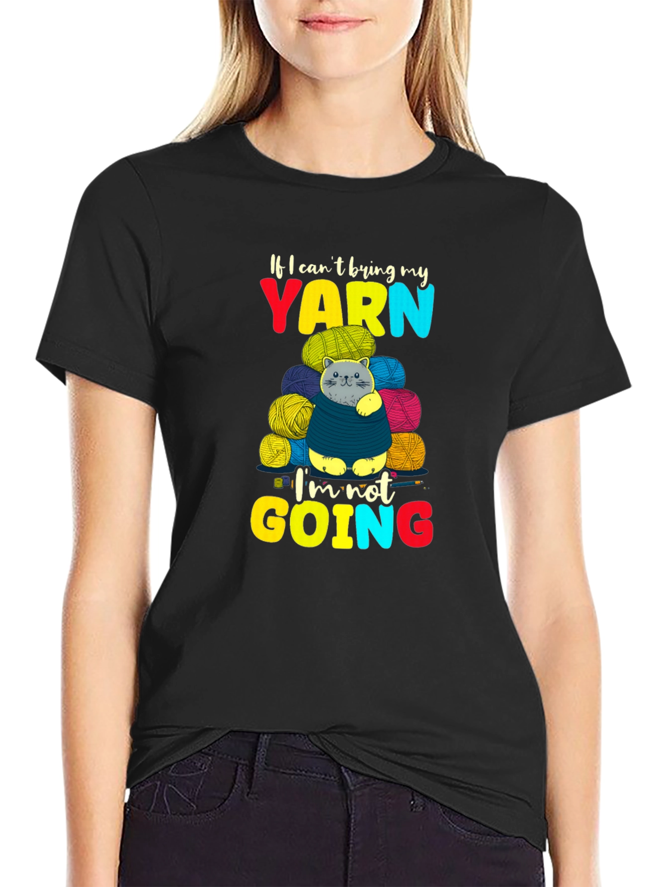 Black Yarn Cat T-Shirt - Knitting Lover Tee view 2