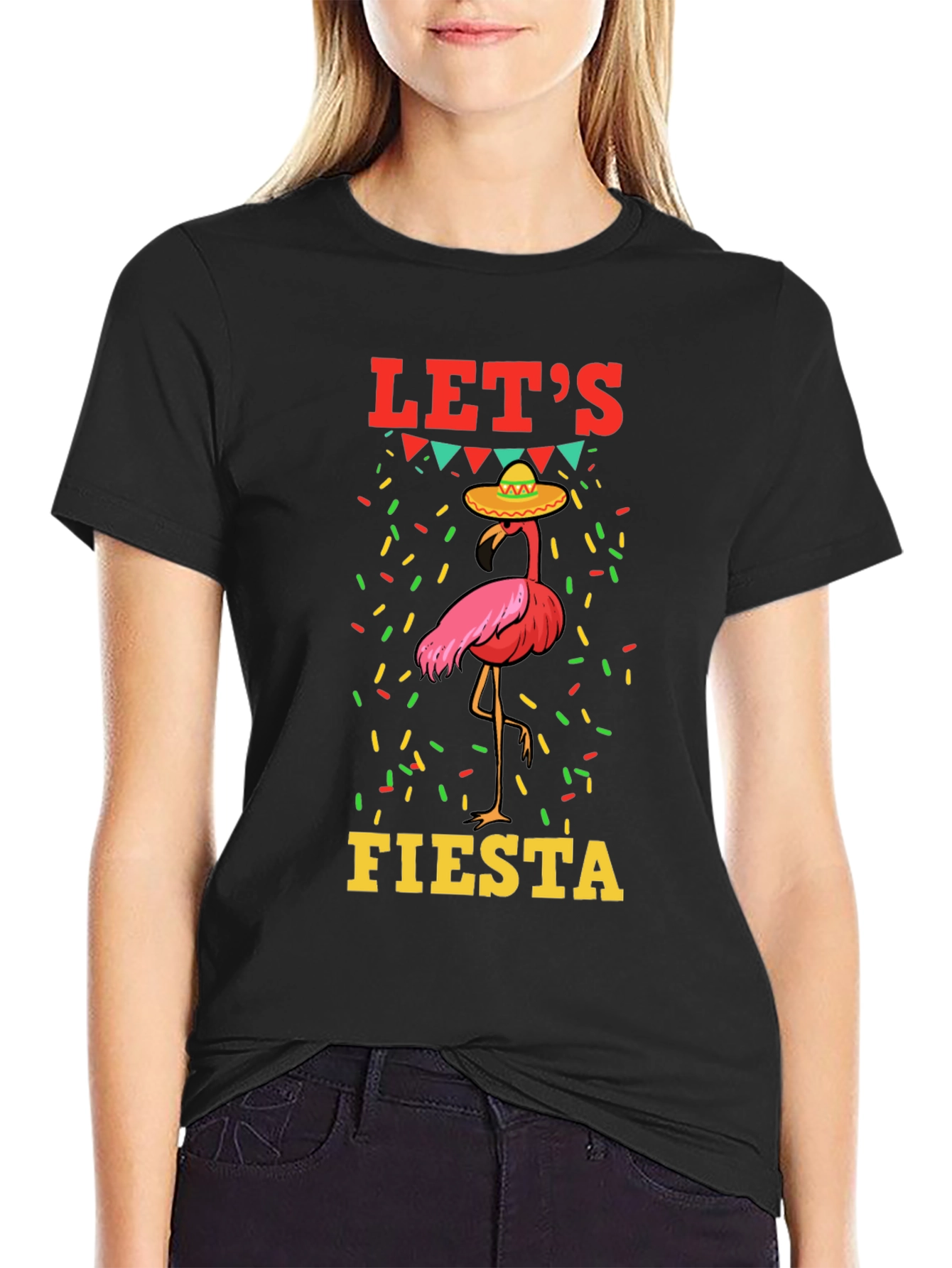 Black Let's Fiesta Flamingo Graphic T-Shirt view 2