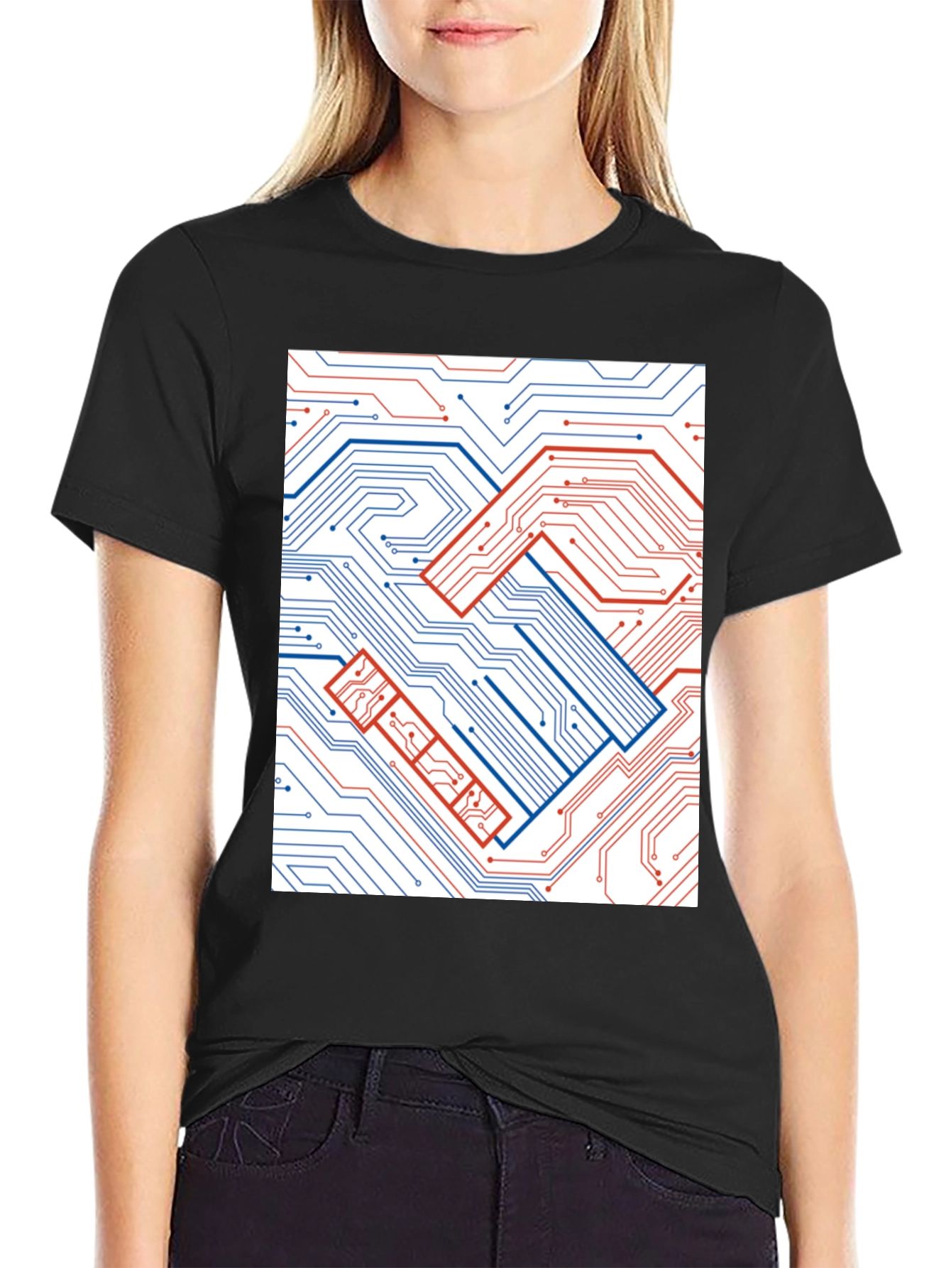 Black Tech Handshake Graphic T-Shirt - Modern Circuit Board Design view 2