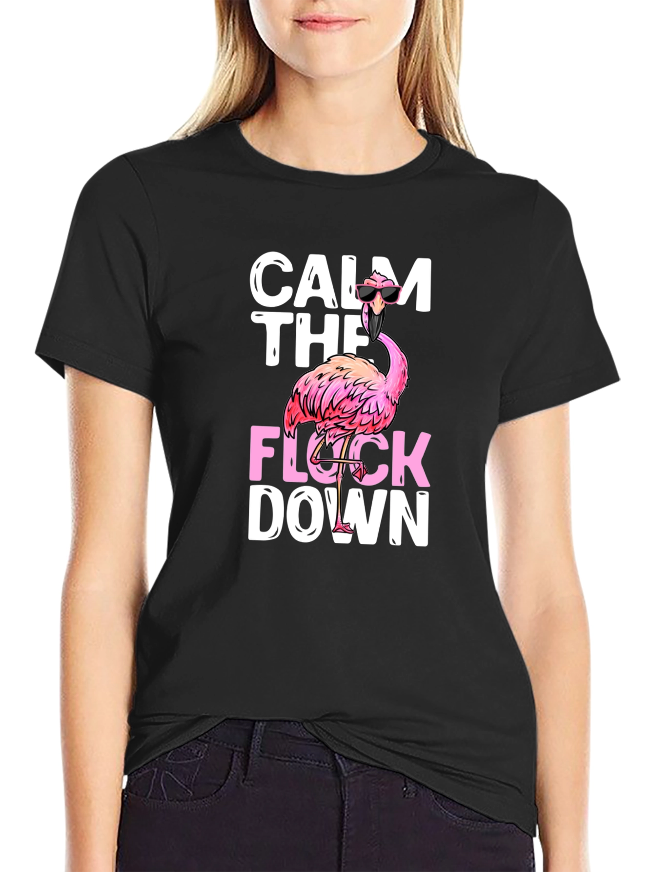 Black Calm The Flock Down Flamingo T-Shirt view 2