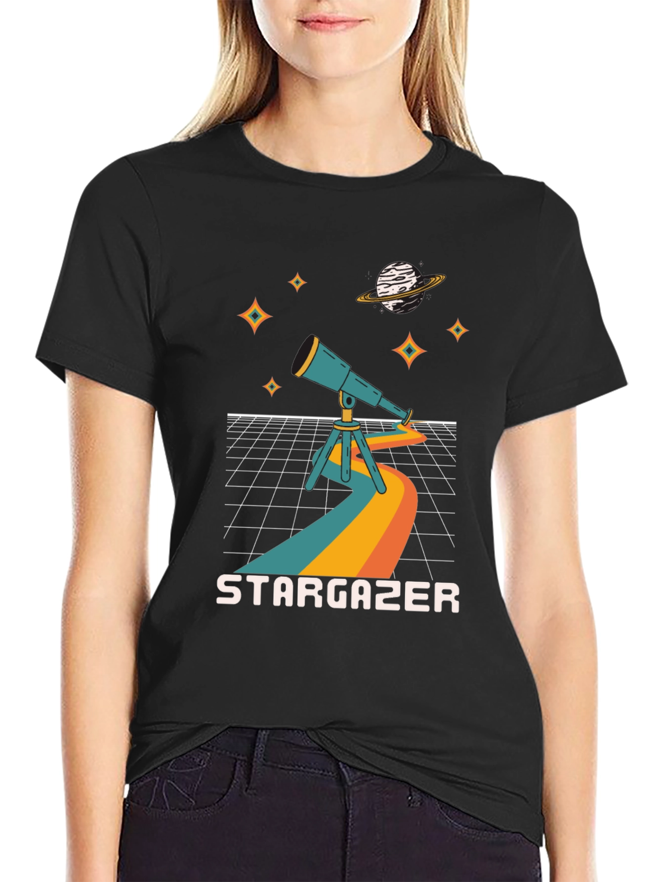 Black Stargazer Graphic Tee - Cosmic Telescope Design view 2
