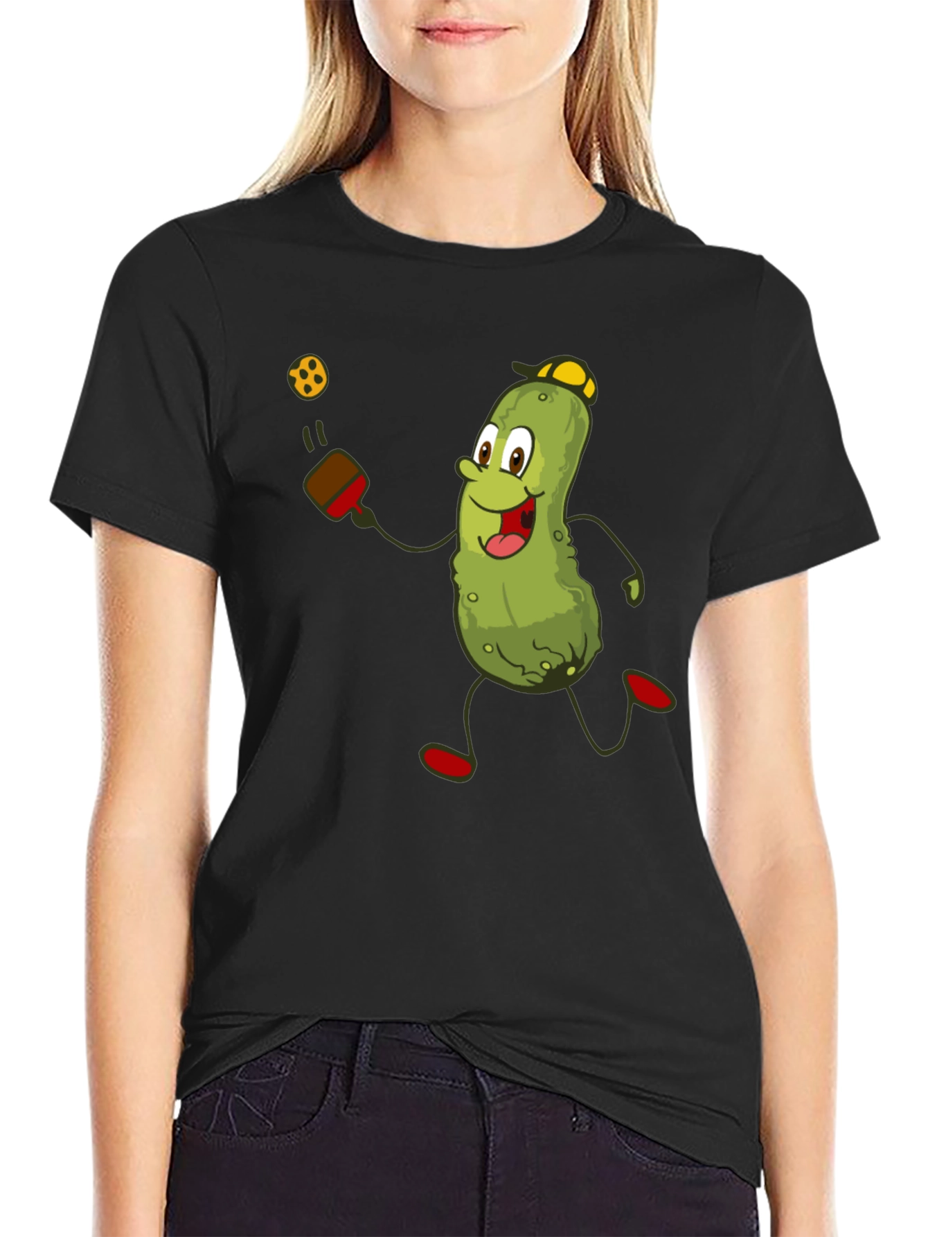 Black Pickleball Pickle T-Shirt - Funny Cartoon Player Tee view 2