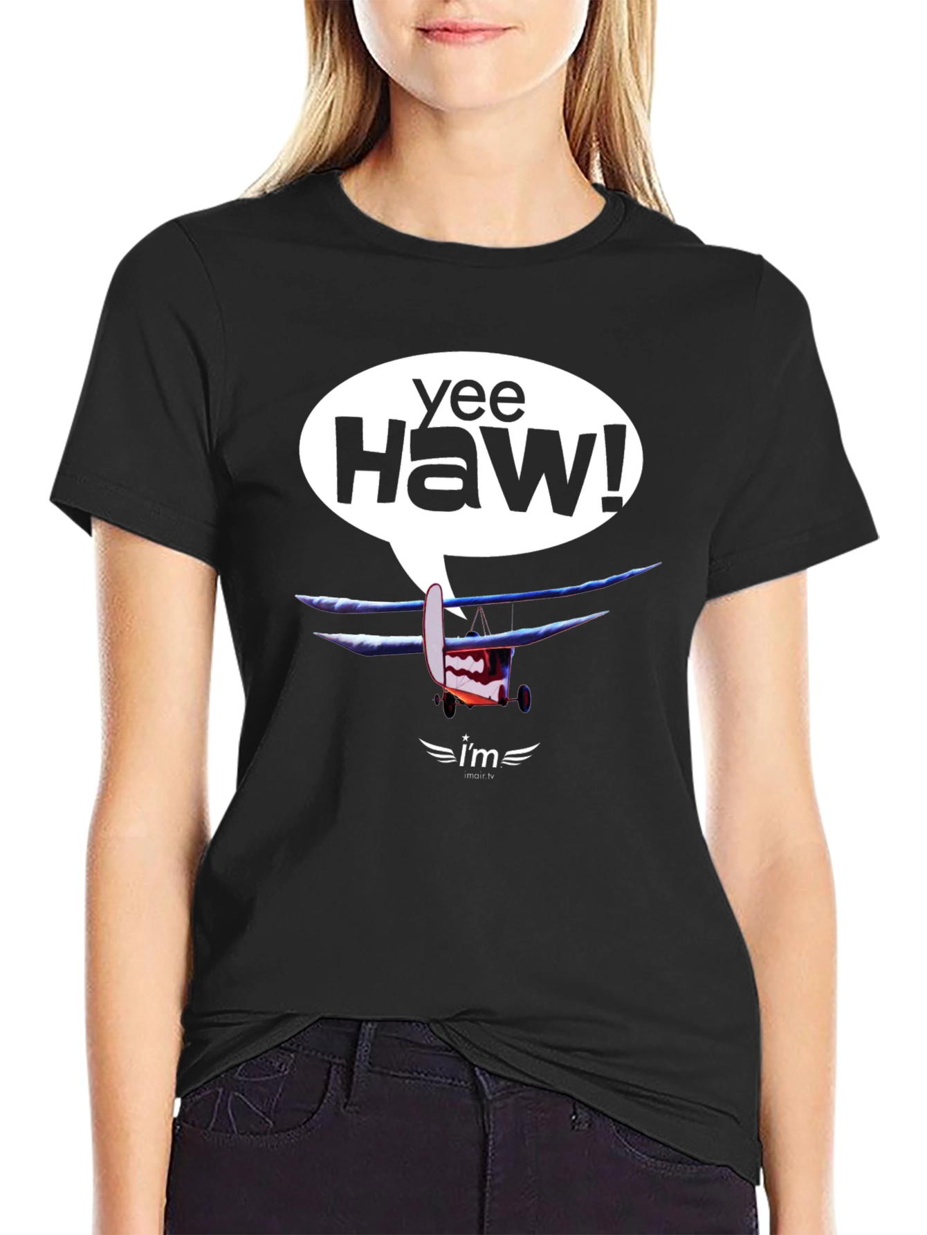 Black Yee Haw! Cartoon Airplane Graphic Tee view 2
