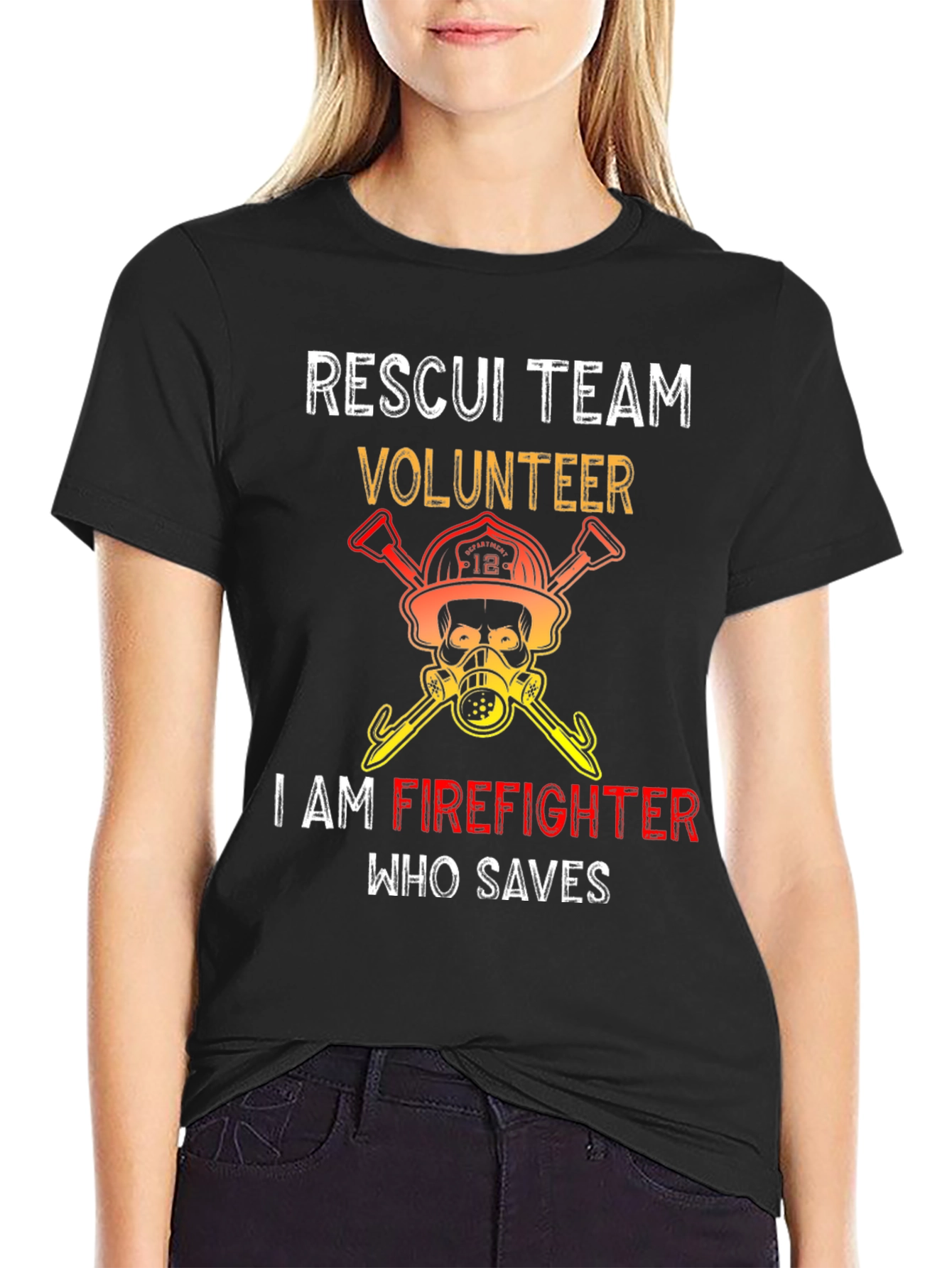 Black Rescue Team Volunteer Firefighter Graphic Tee view 2