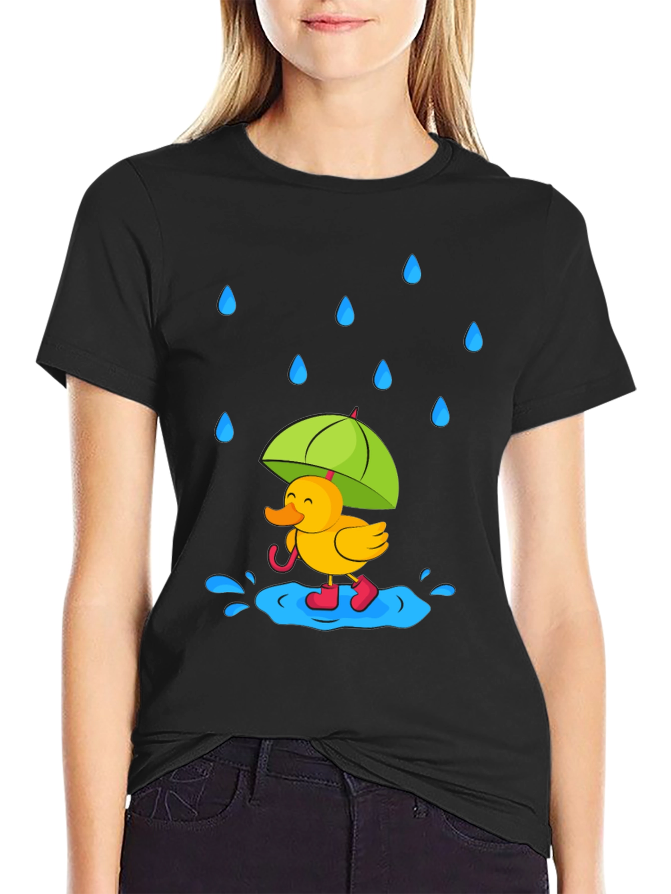 Black Rainy Day Duck T-Shirt - Cute Cartoon Graphic Tee view 2