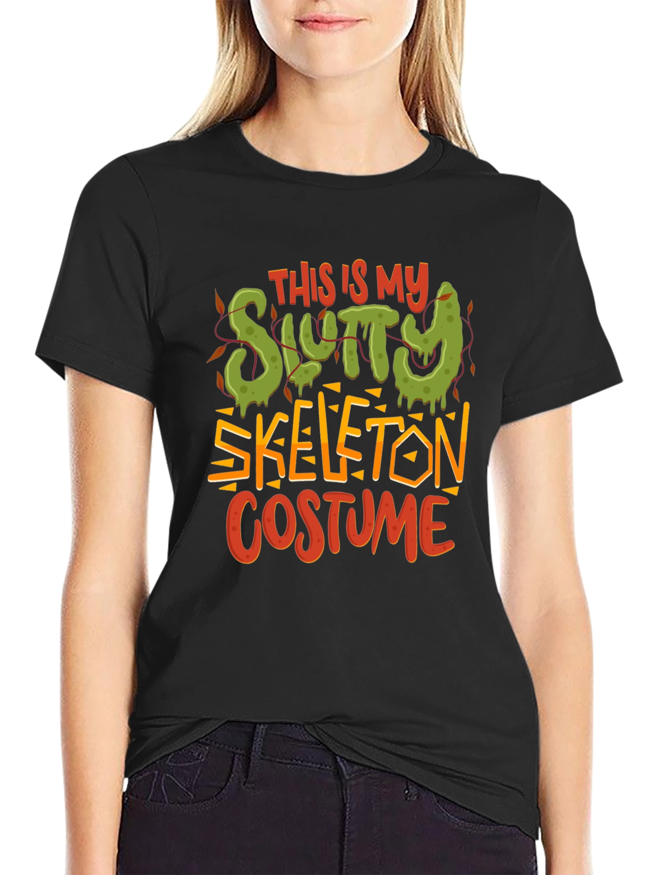 Black Slutty Skeleton Costume Graphic T-Shirt view 2