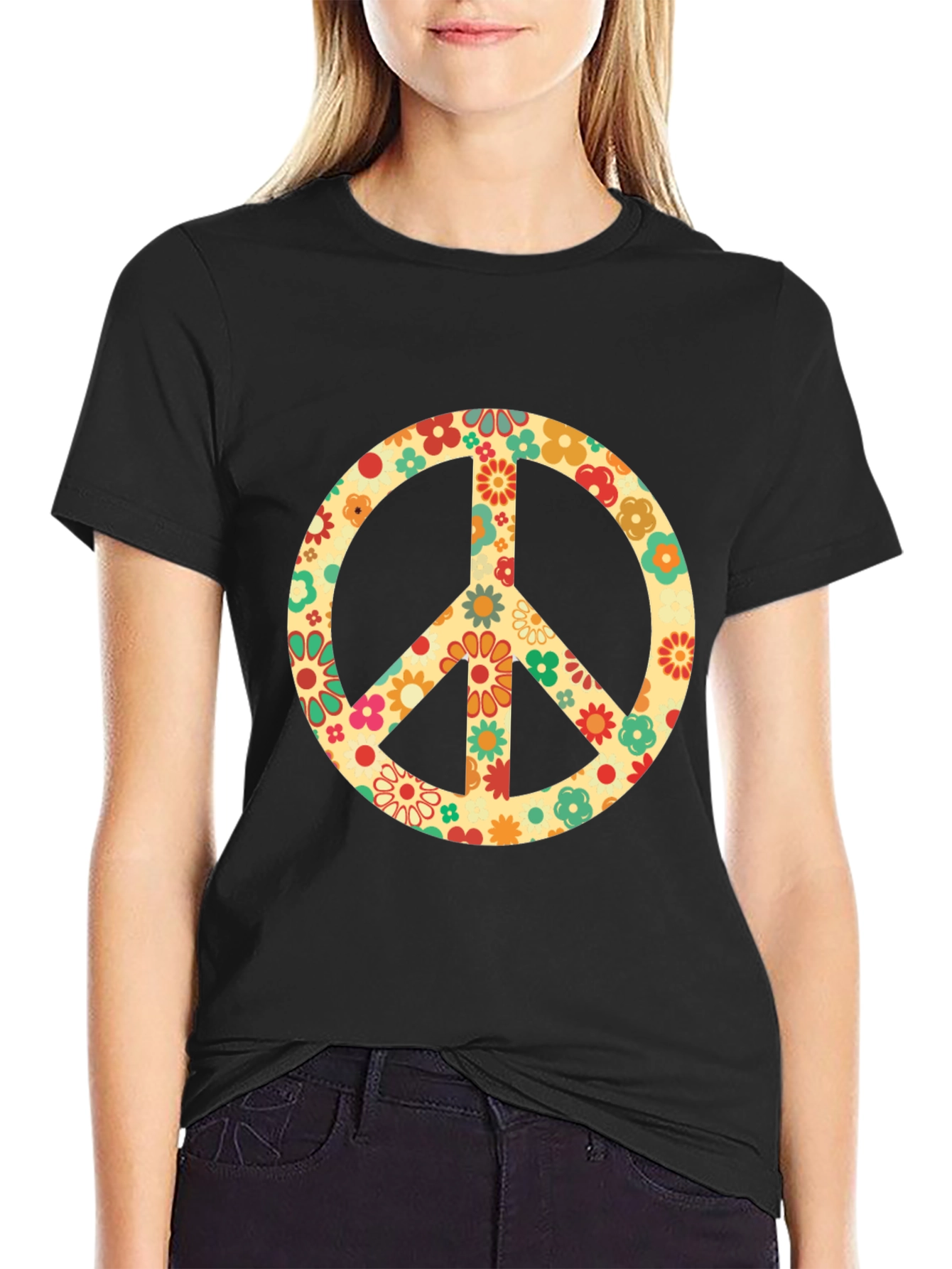 Black Retro Floral Peace Sign Graphic T-Shirt view 2