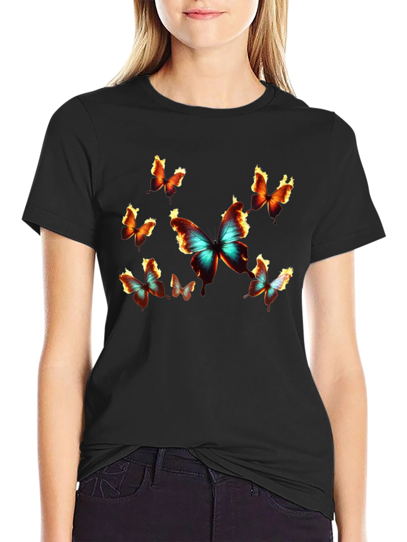 Black Butterfly Graphic Print Crew Neck T-Shirt view 2