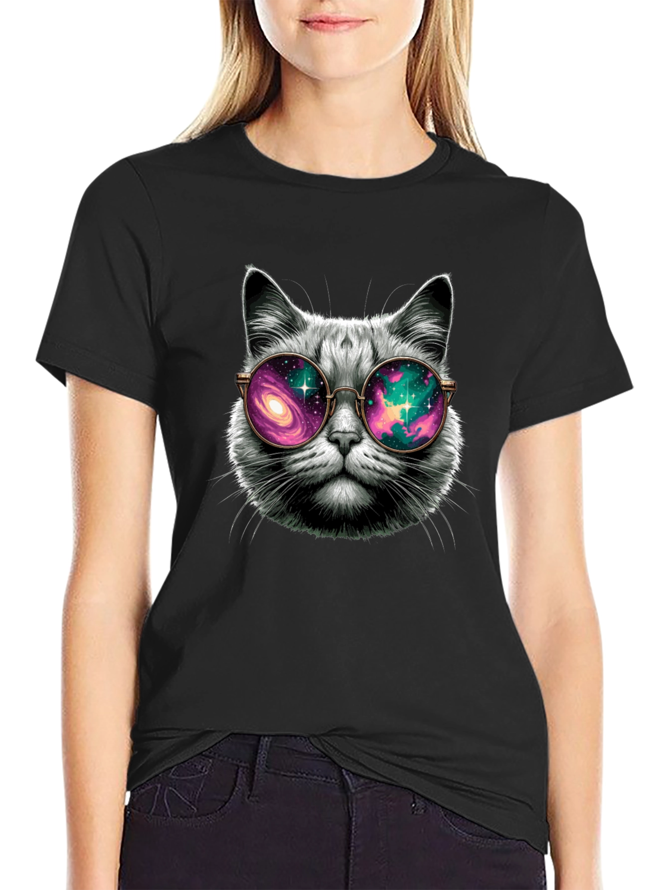 Black Cool Cat Galaxy Glasses T-Shirt view 2