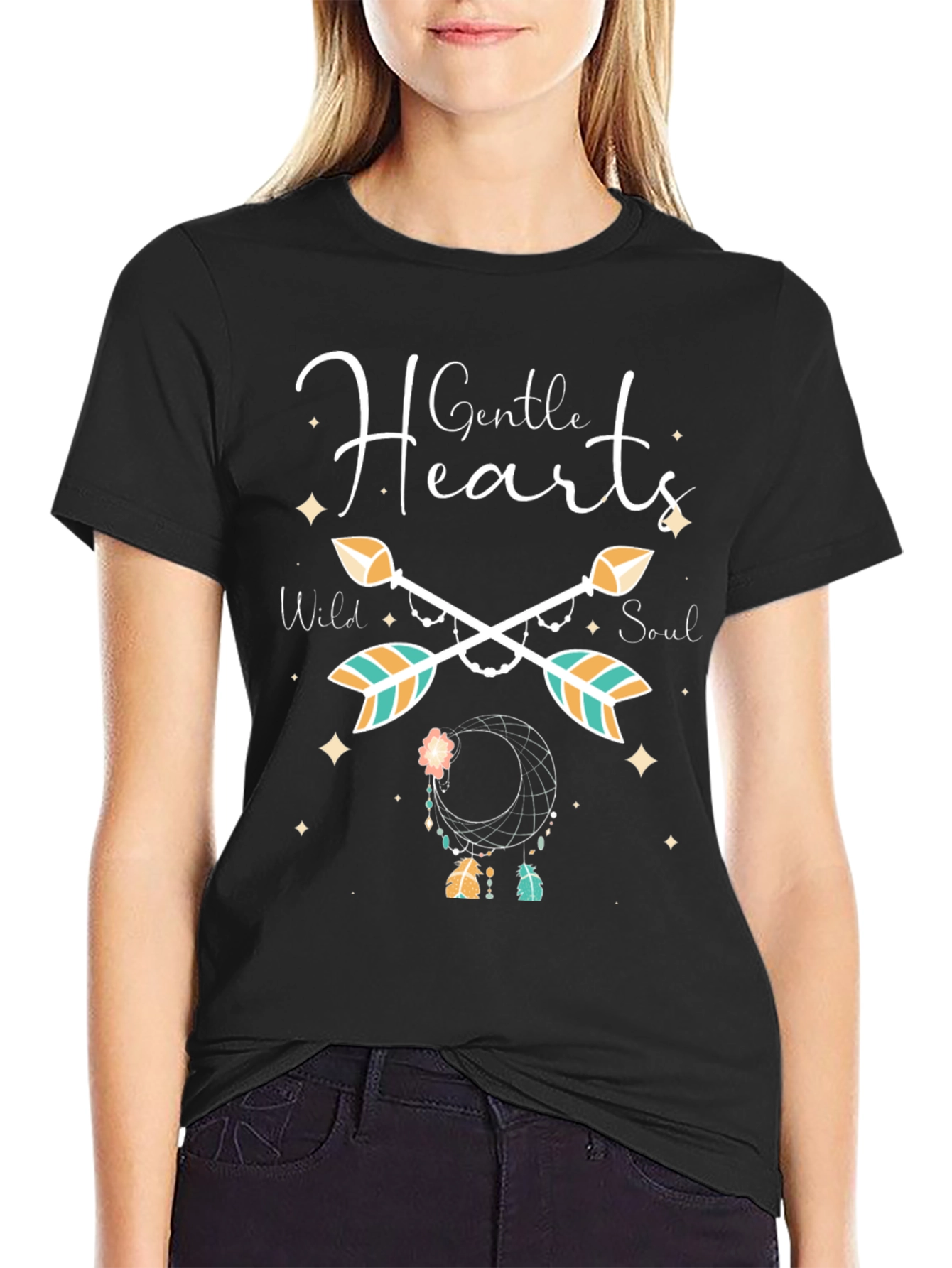 Black Gentle Hearts Arrow Dreamcatcher Black T-Shirt view 2