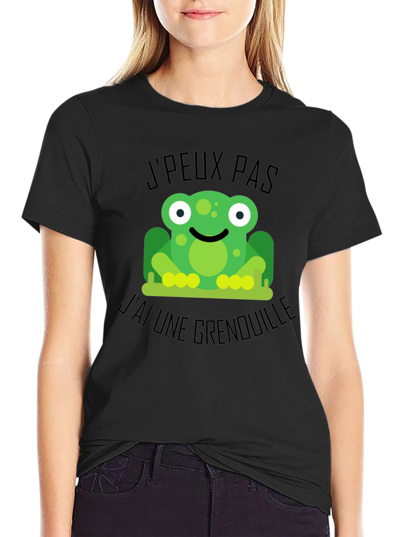 Black Frog Graphic Black T-Shirt: 'J'peux Pas J'ai Une Grenouille' view 2