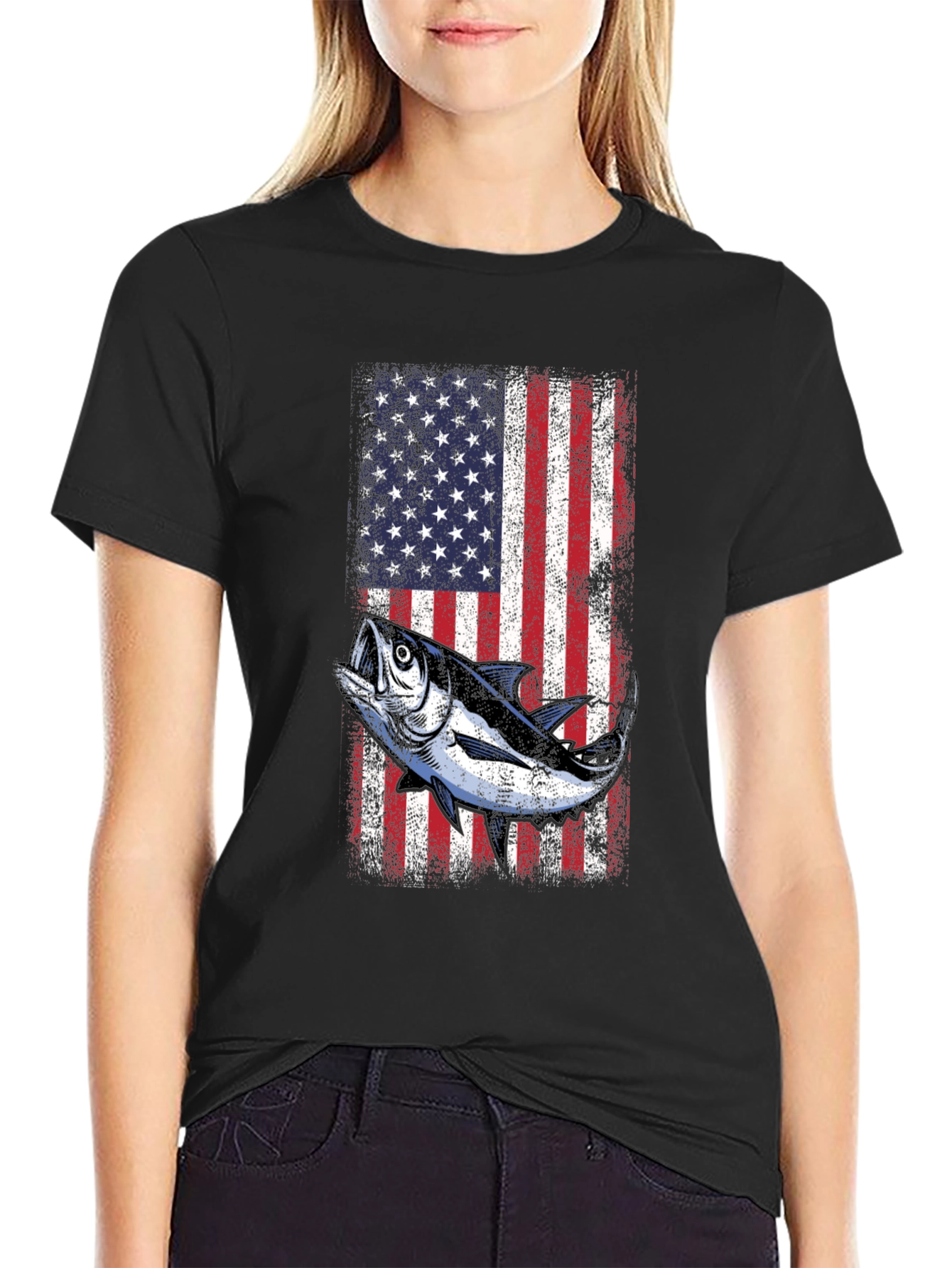 Black American Flag Tuna Fishing T-Shirt view 2