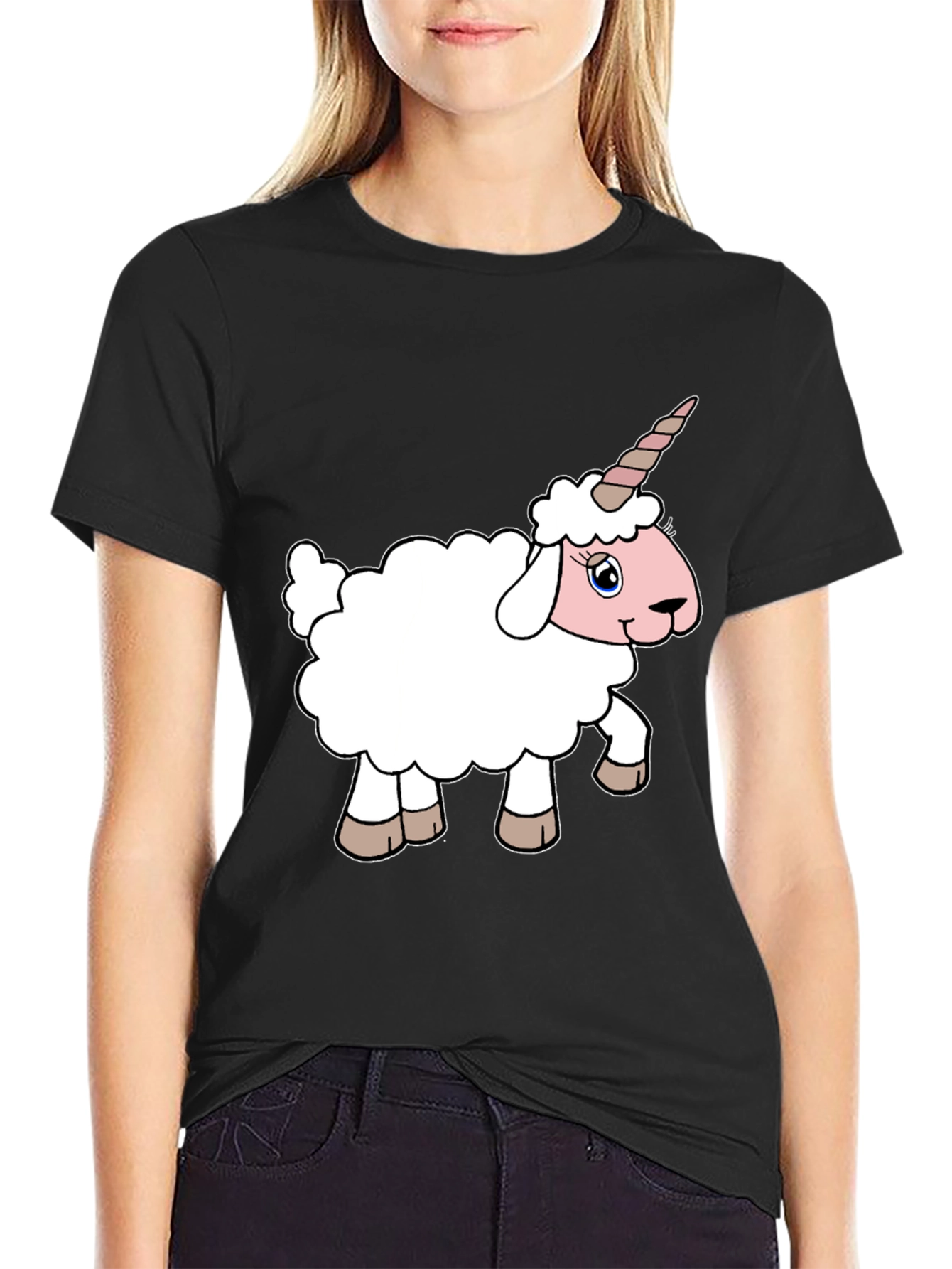 Black Unicorn Sheep Graphic Tee - Black Cotton T-Shirt view 2