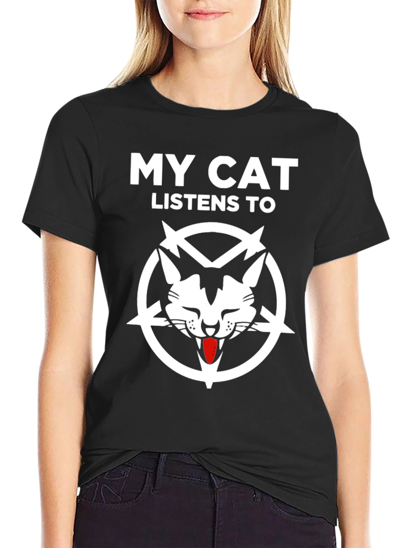 Black My Cat Listens to Pentagram T-Shirt view 2
