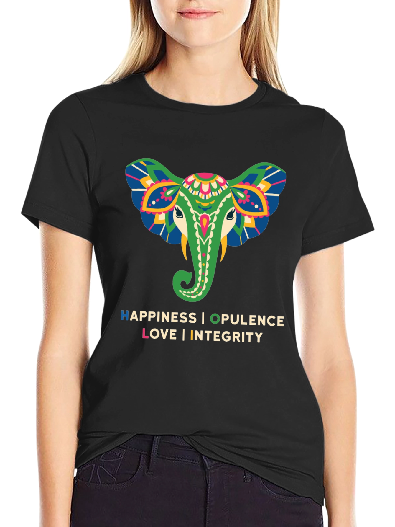 Black Elephant Graphic Tee: Happiness, Opulence, Love & Integrity view 2