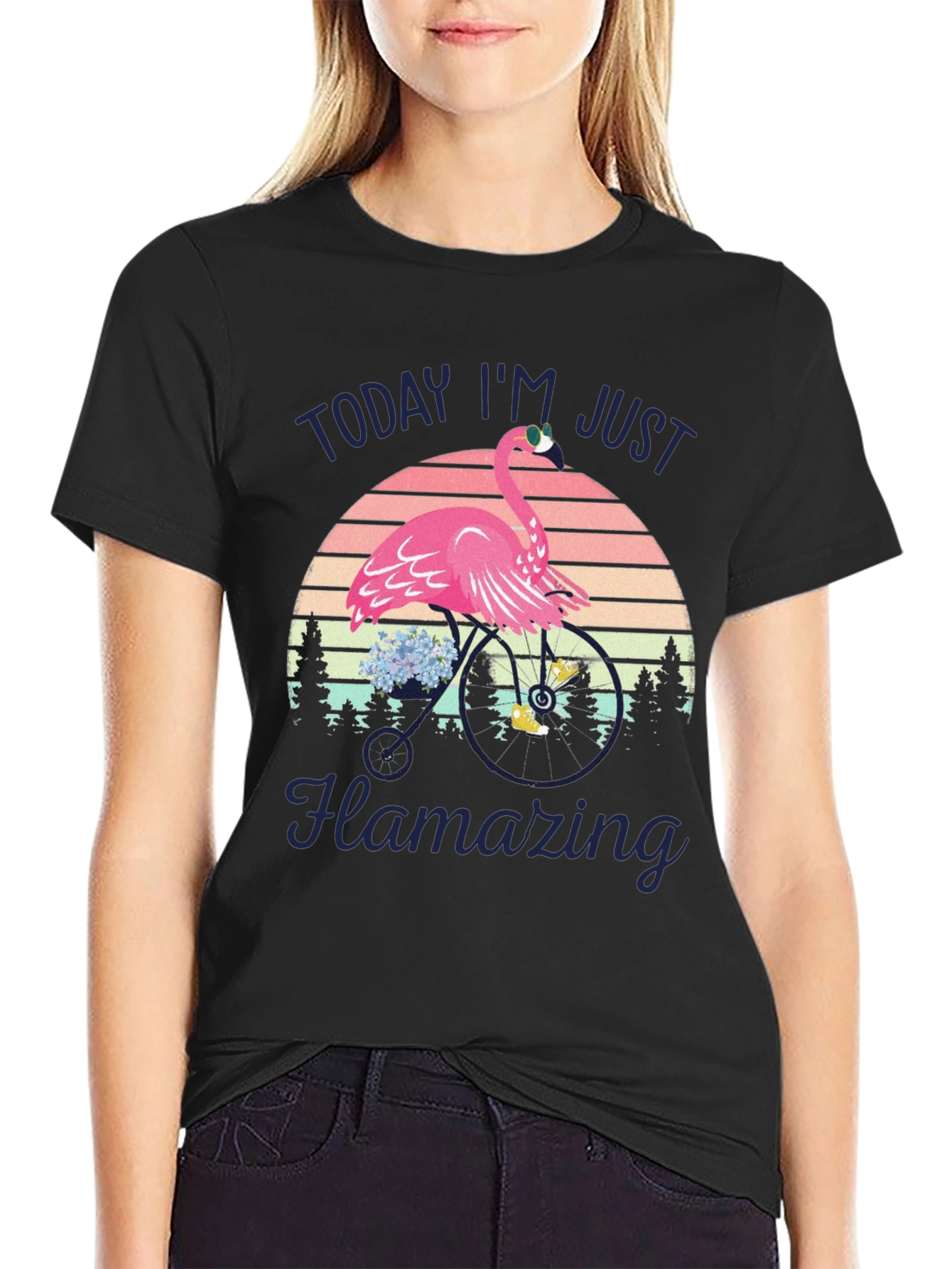Black Flamazing Flamingo on Bike T-Shirt - Quirky Graphic Tee view 2
