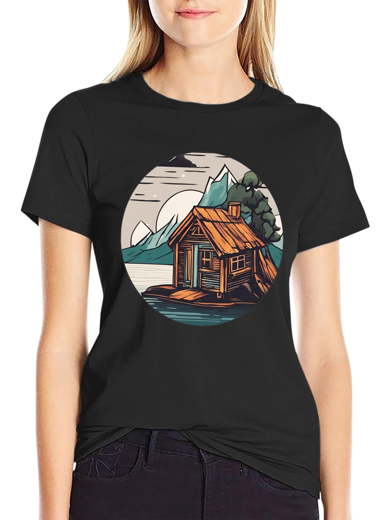 Black Cabin Lake Tee: Nature Graphic Shirt view 2