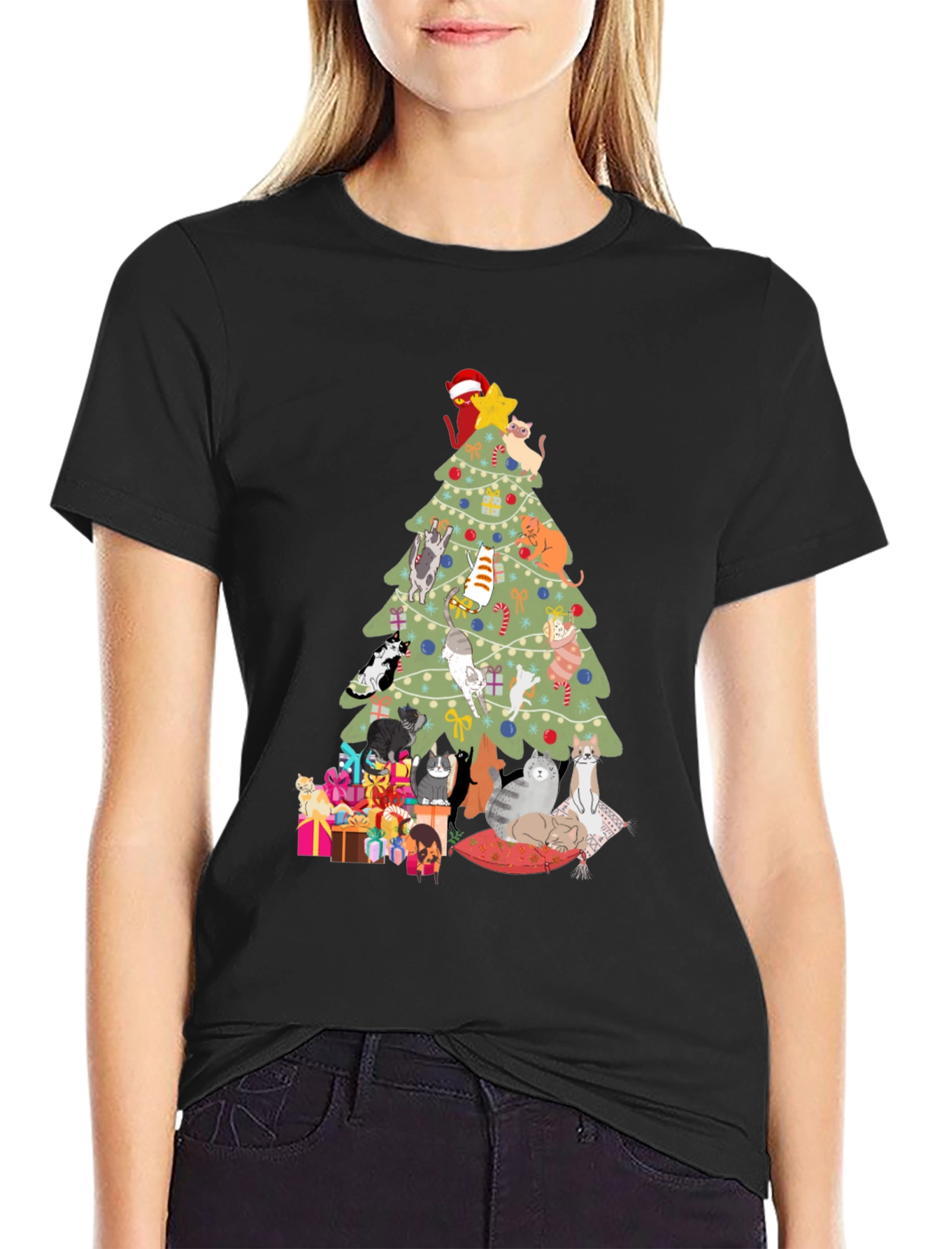 Black Cat Christmas Tree T-Shirt Holiday Tee view 2