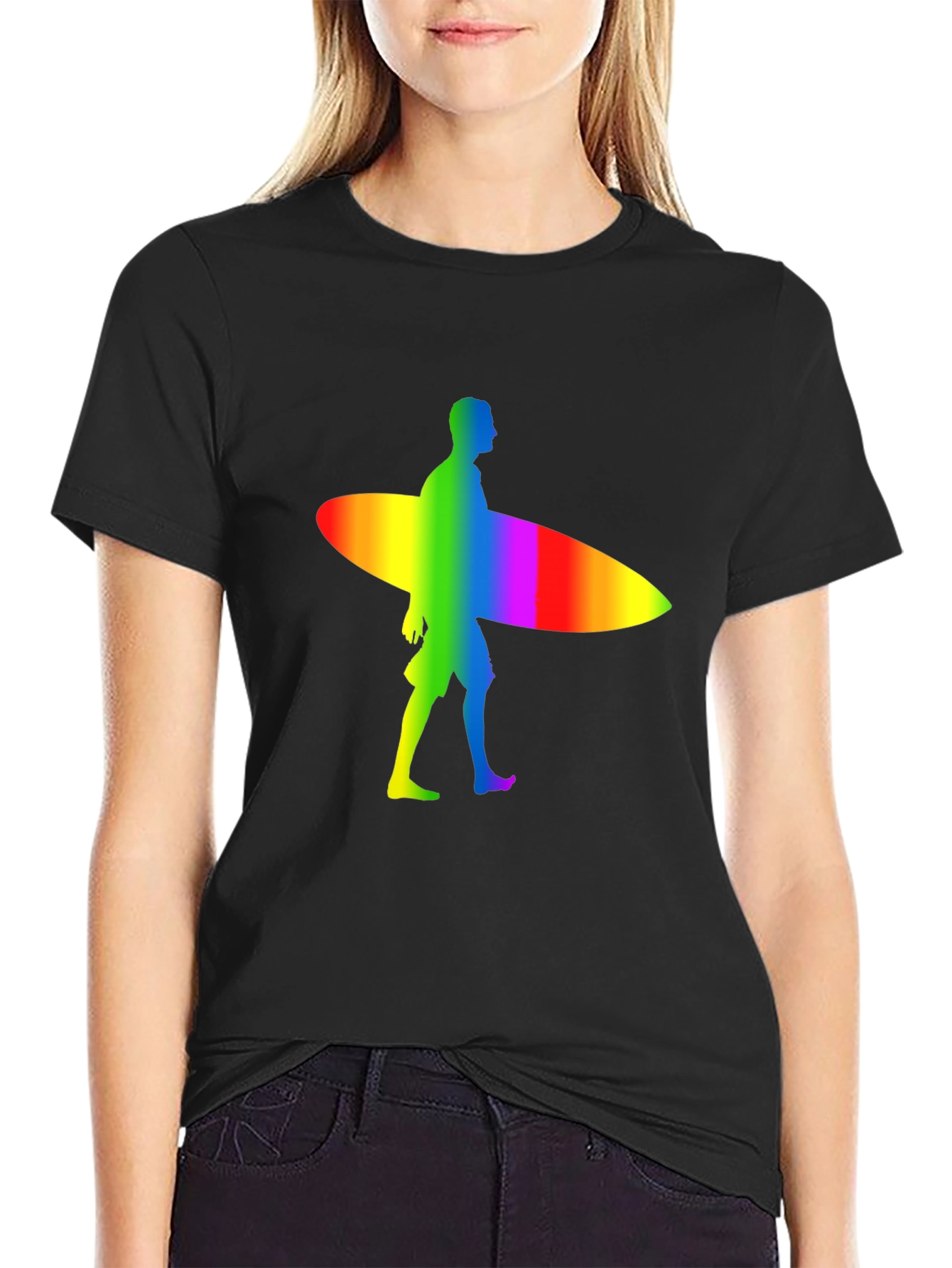 Black Rainbow Surfer Graphic Tee - Black Cotton Comfort view 2