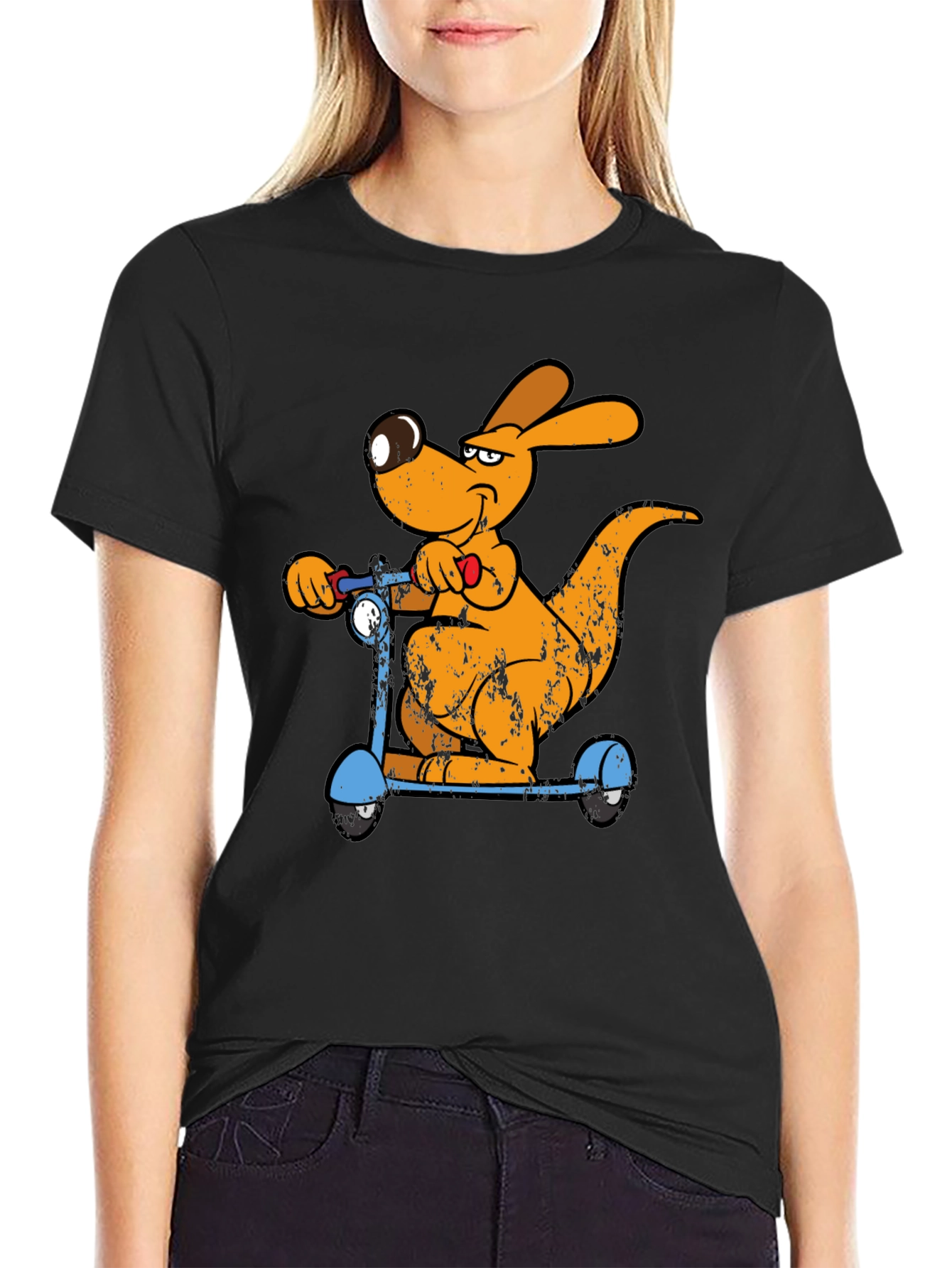 Black Cartoon Kangaroo Scooter Graphic Tee - Cool Black T-Shirt view 2