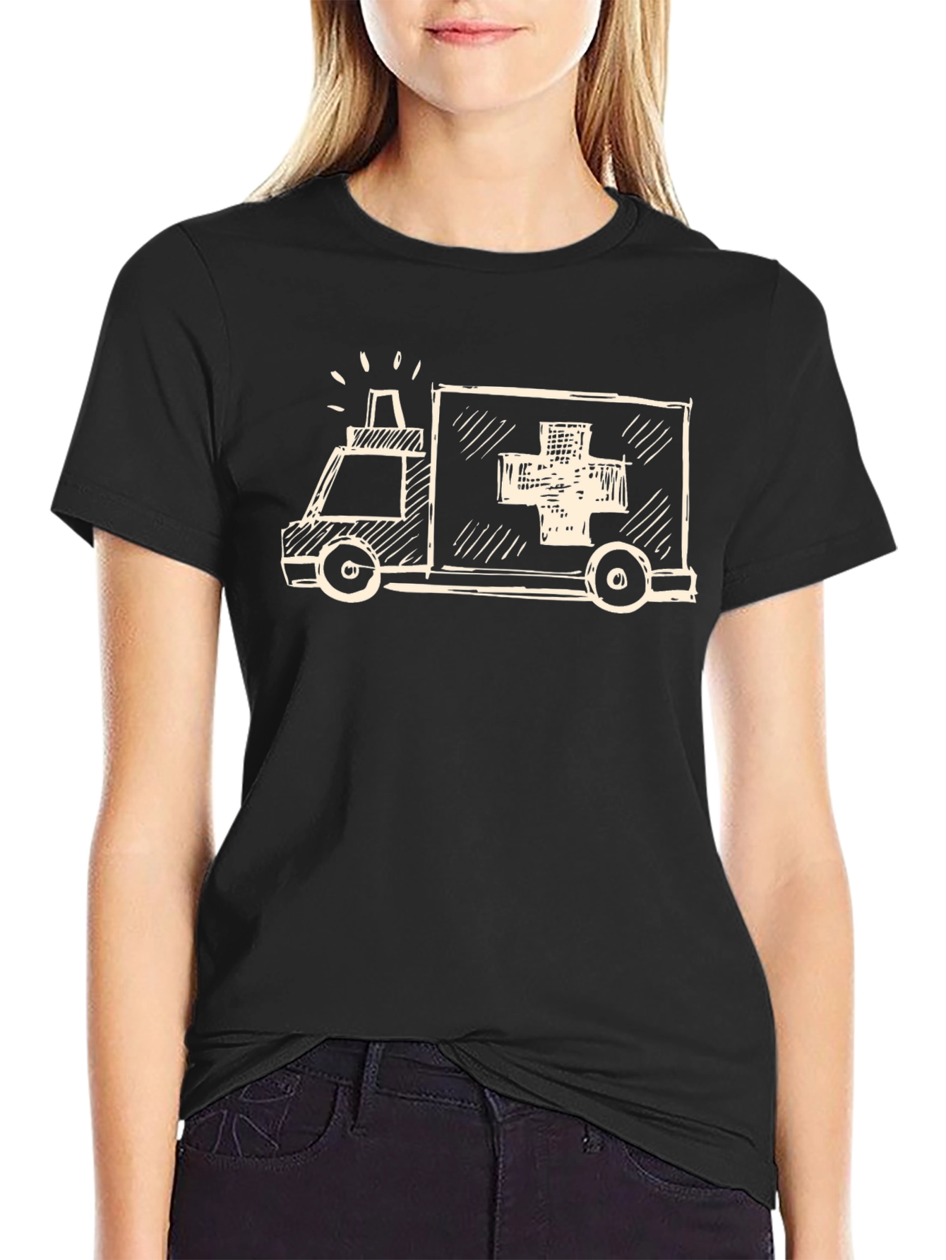 Black Sketch Ambulance Graphic Tee - Black Cotton Casual T-Shirt view 2