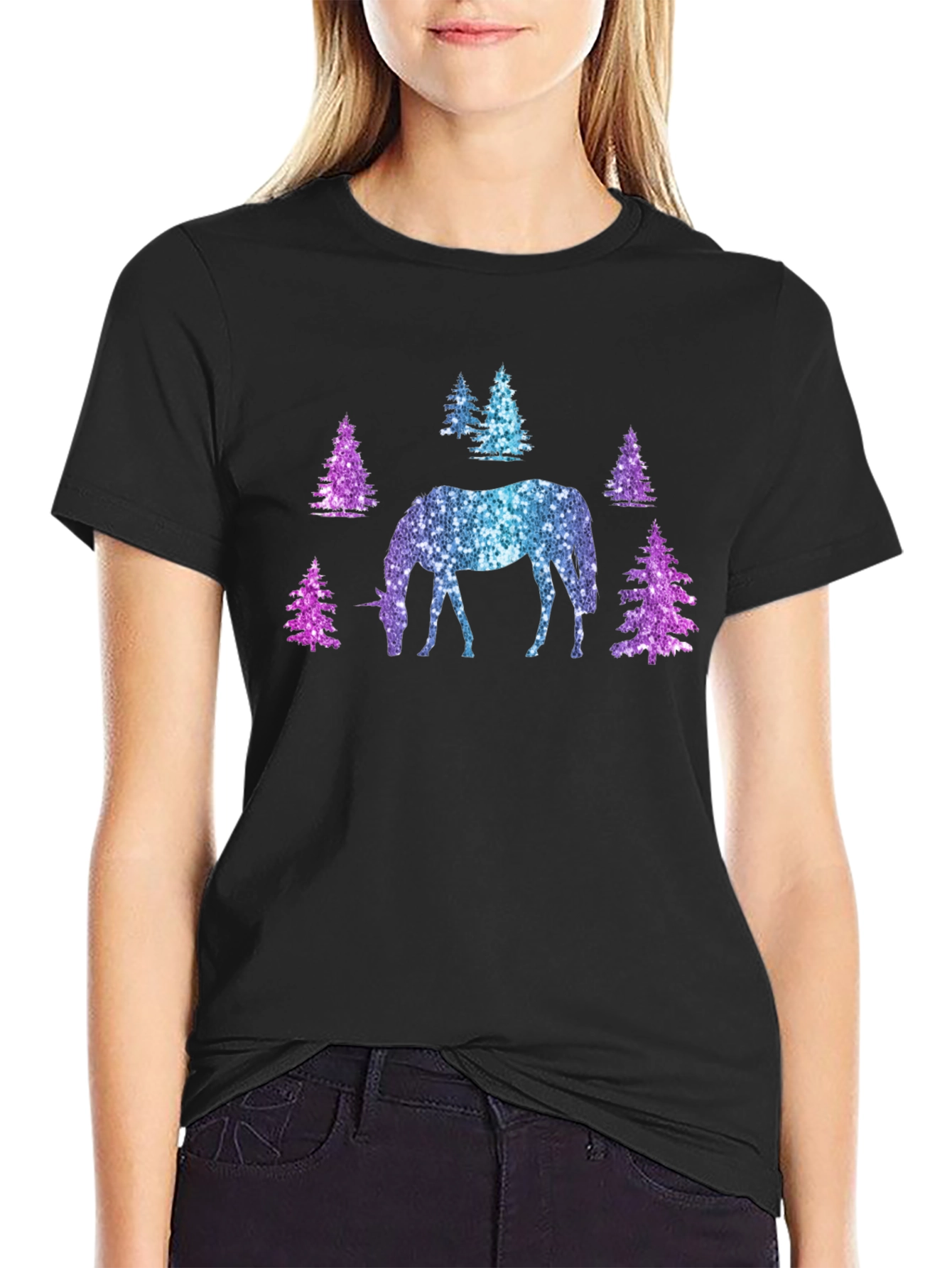 Black Unicorn Forest Glitter T-Shirt - Magical Sparkle Tee view 2