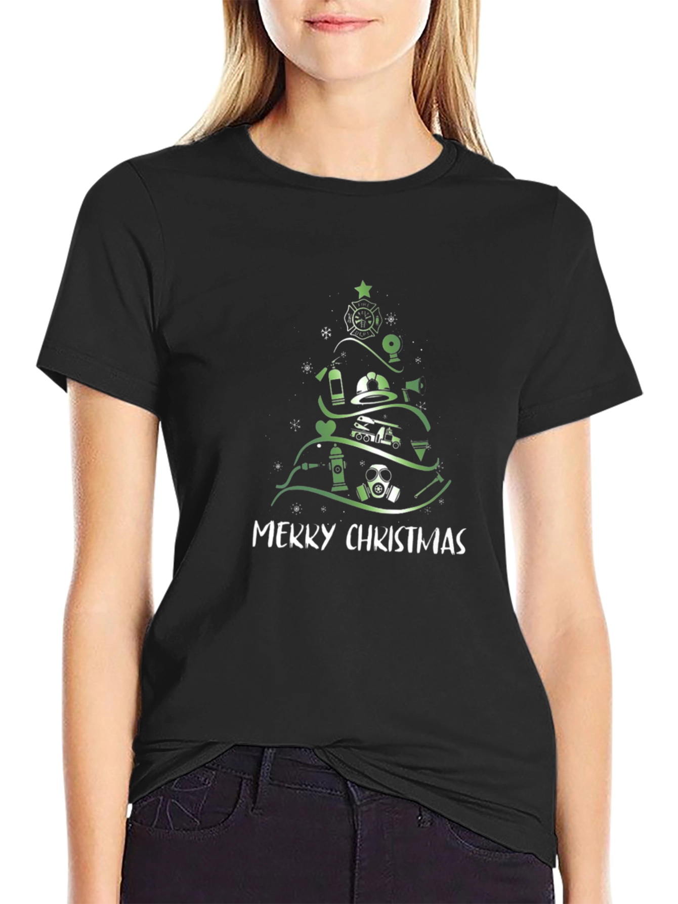 Black Firefighter Christmas Tree T-Shirt view 2