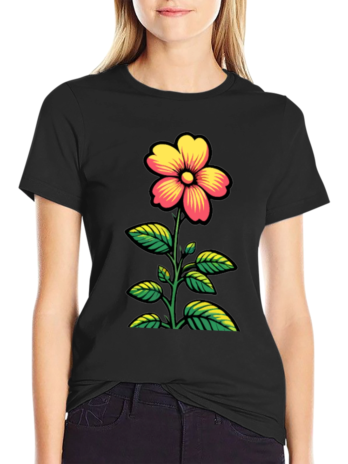 Black Floral Graphic T-Shirt - Black Cotton Tee view 2