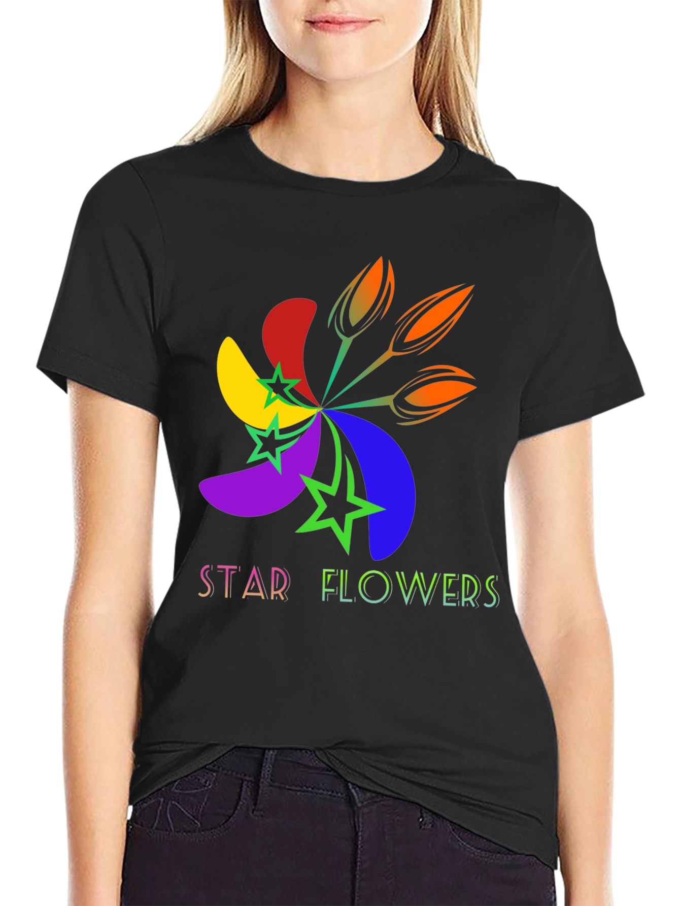 Black Star Flowers Graphic Tee - Bold & Bright Design view 2