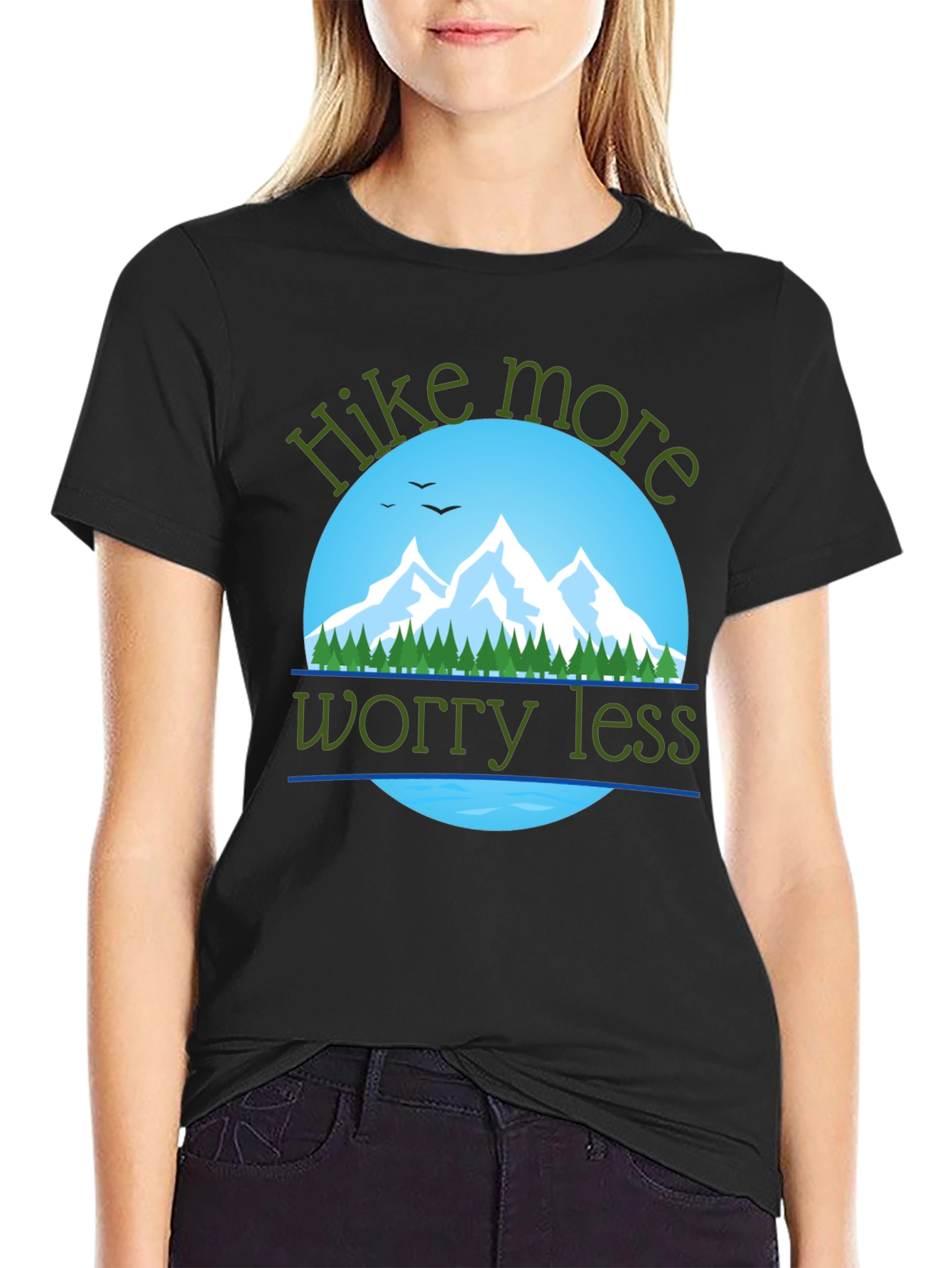 Black Hike More Worry Less T-Shirt: Mountain Adventure Apparel view 2