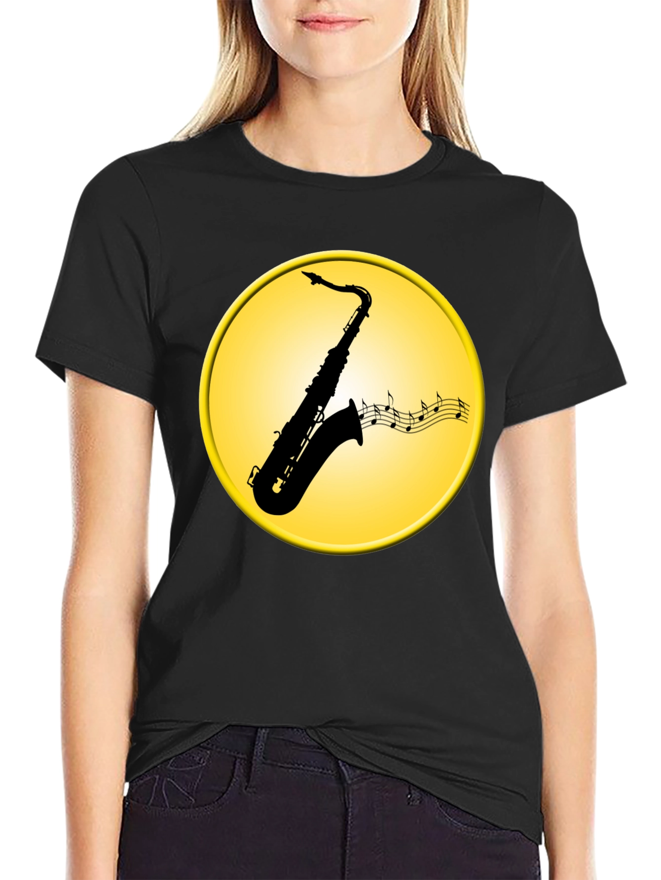 Black Saxophone Music Notes Graphic Tee view 2