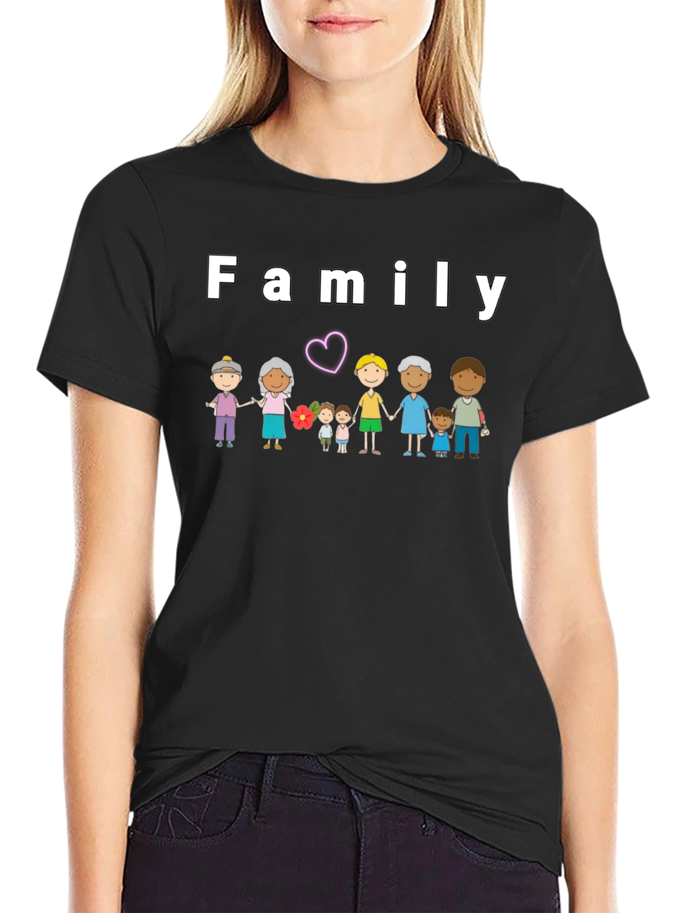 Black Family Cartoon Graphic Black T-Shirt view 2