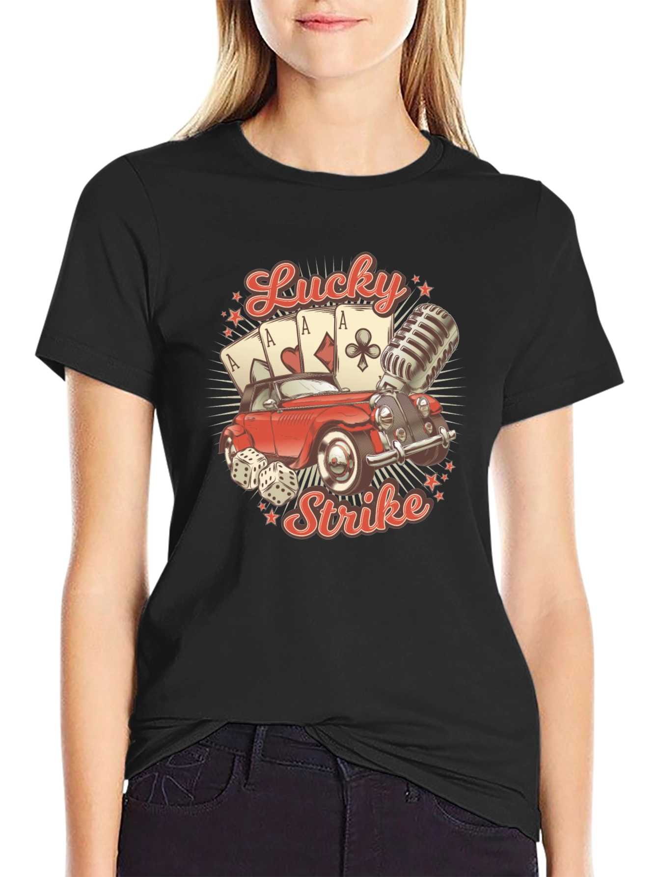 Black Lucky Strike T-Shirt - Vintage Car & Casino Design view 2