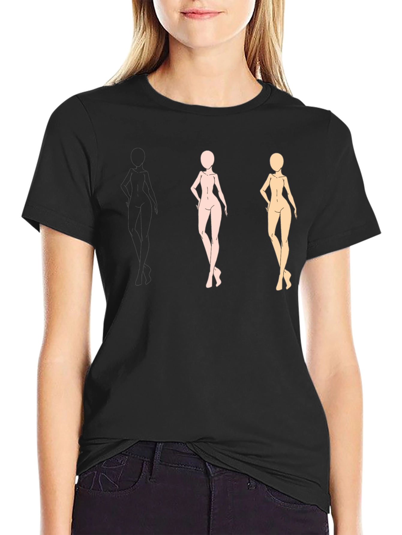 Black Trendy Black Tee with Figure Sketches view 2