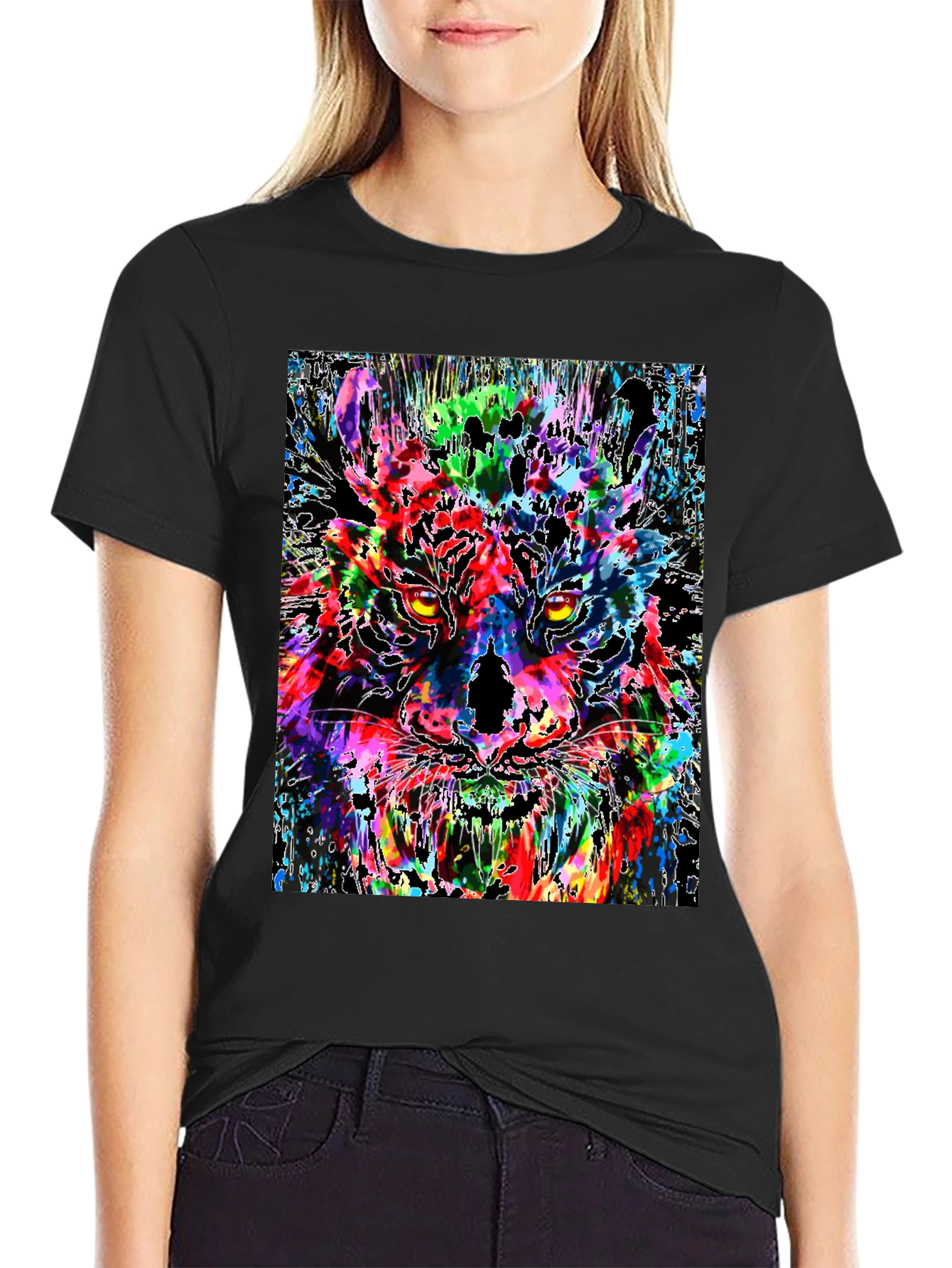 Black Colorful Tiger Graphic Print Men's Black T-Shirt view 2