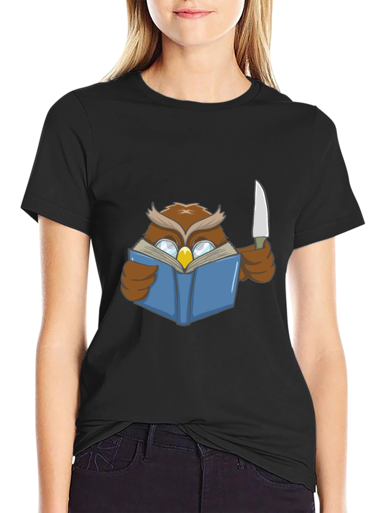 Black Owl Reading Book With Knife T-Shirt view 2