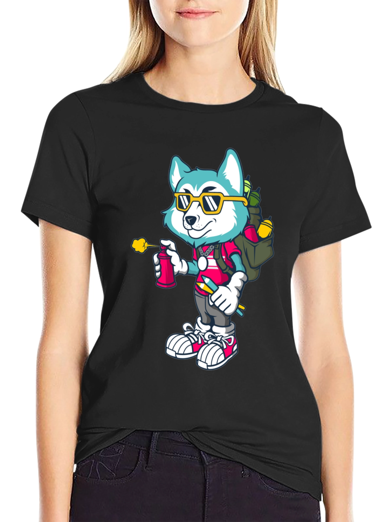 Black Cartoon Husky Graffiti Artist Graphic Tee view 2