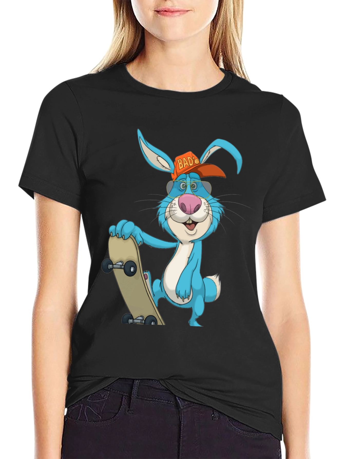 Black Cool Rabbit Skateboarder Graphic T-Shirt view 2