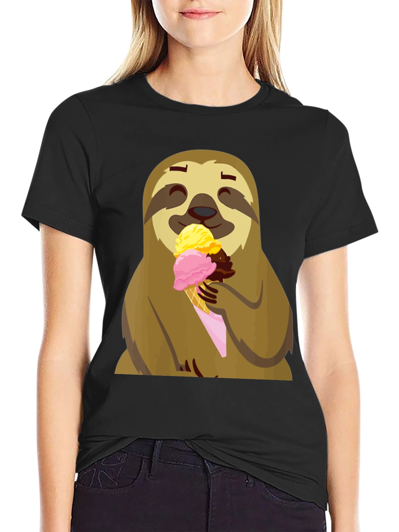 Black Sloth Eating Ice Cream Graphic Tee - Black view 2