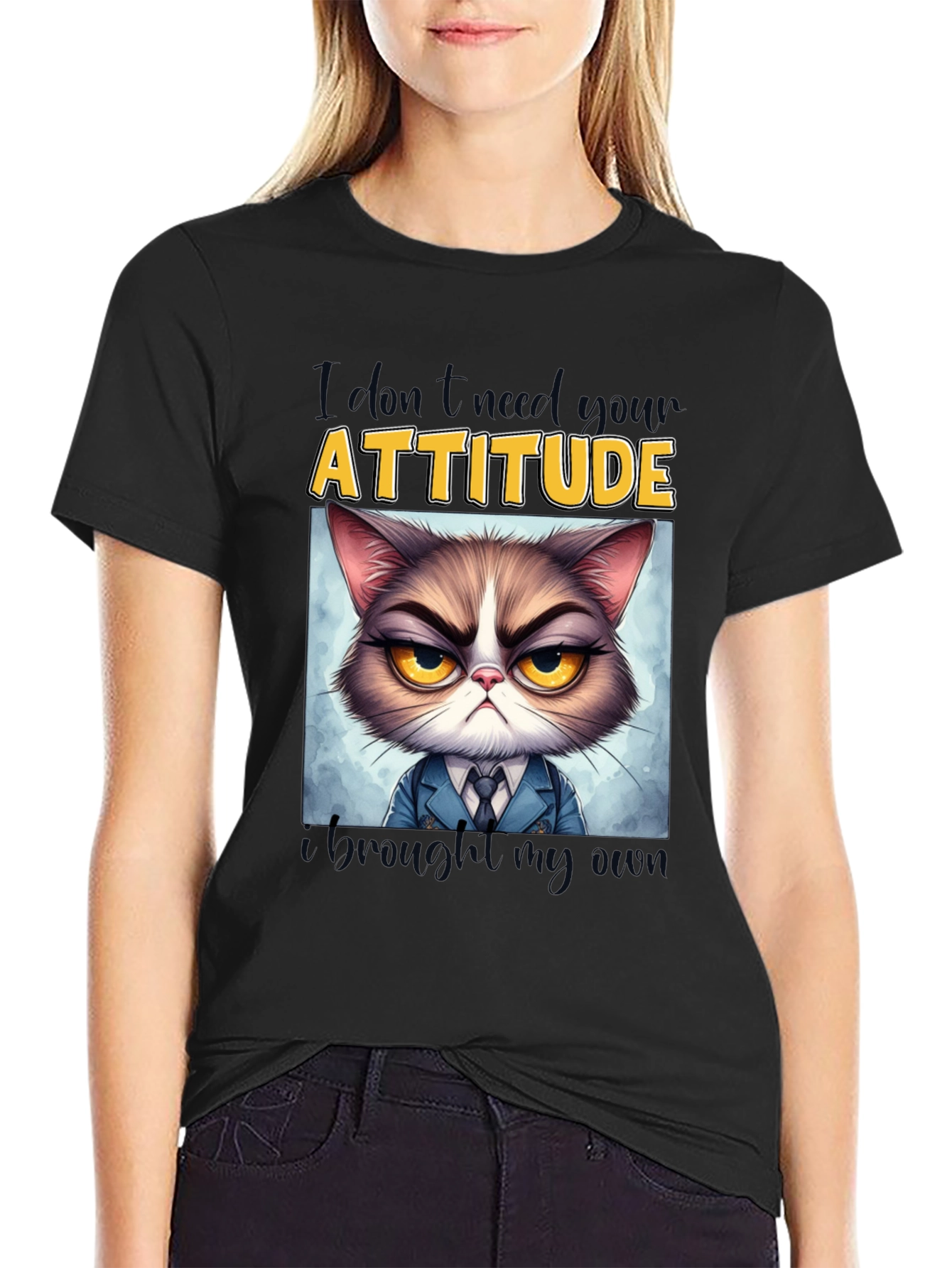 Black Grumpy Cat Attitude T-Shirt - Funny Graphic Tee view 2