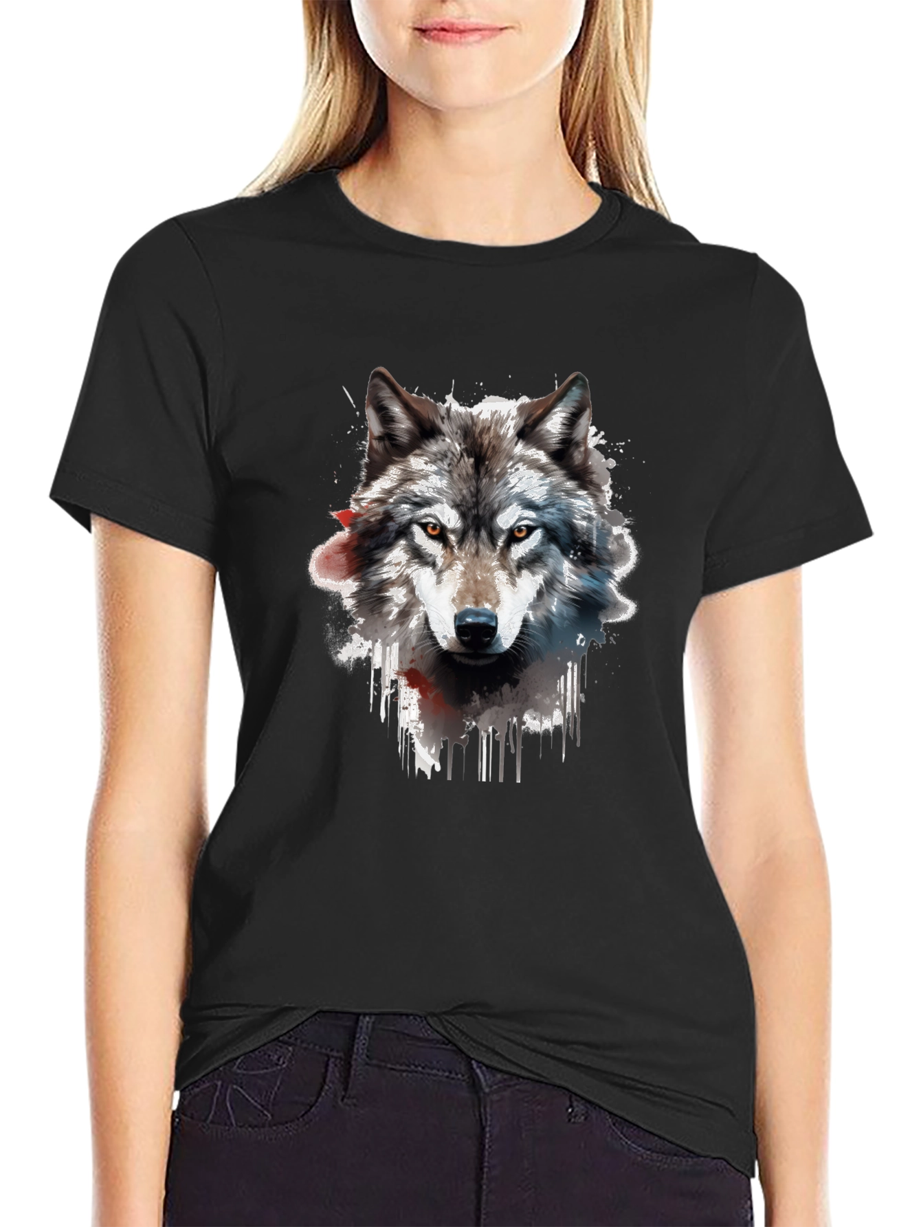 Black Wolf Graphic Print Black T-Shirt view 2