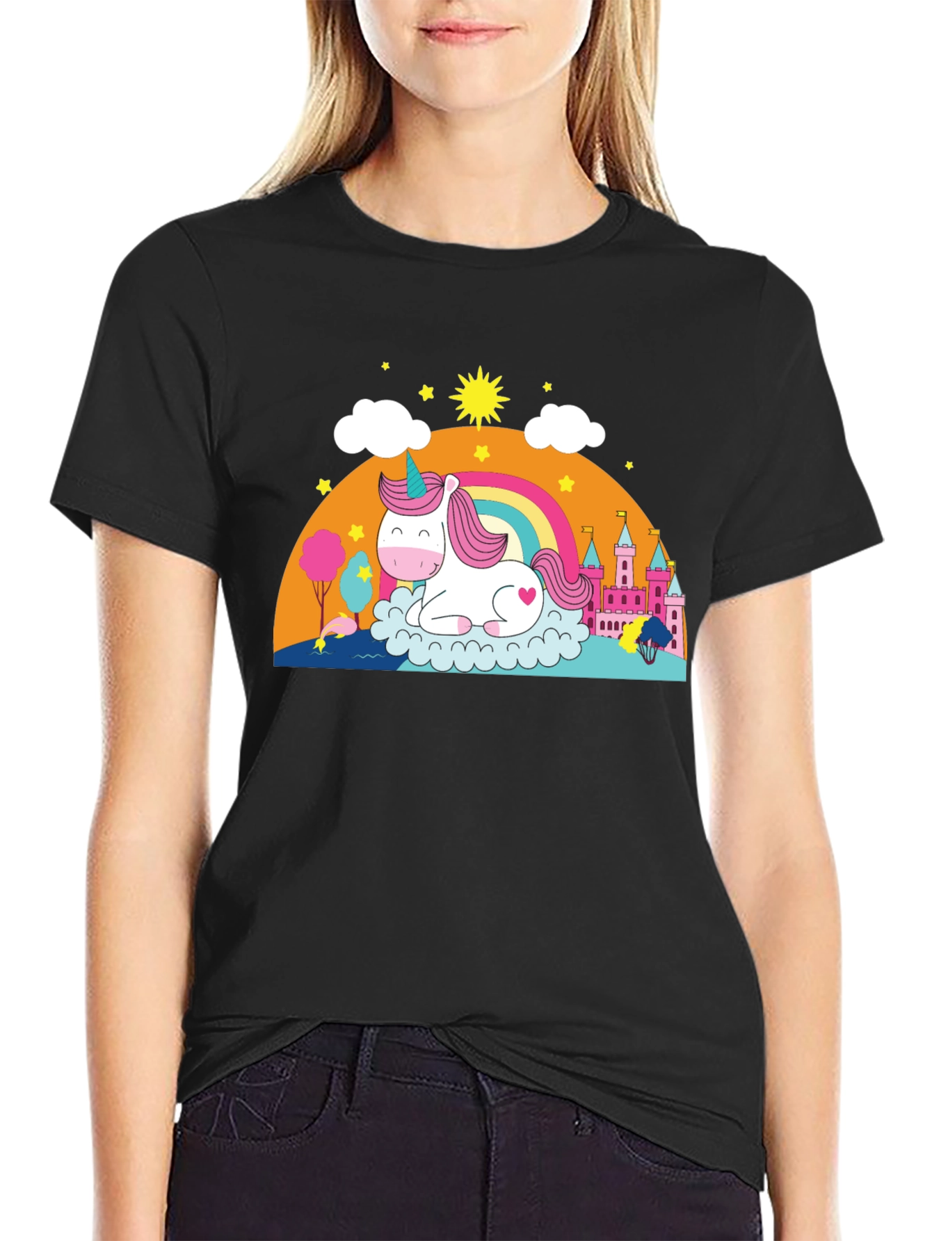Black Unicorn Rainbow Castle Graphic Tee - Black Cotton Blend view 2