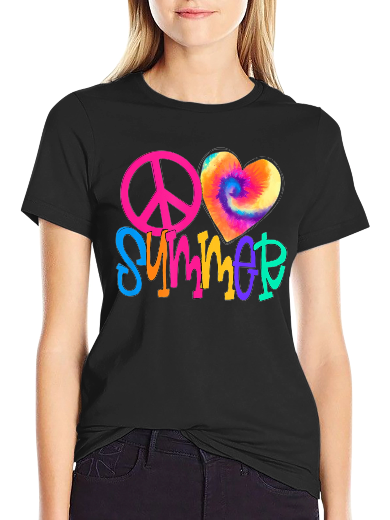 Black Peace Love Summer Tie-Dye Heart Graphic Tee view 2