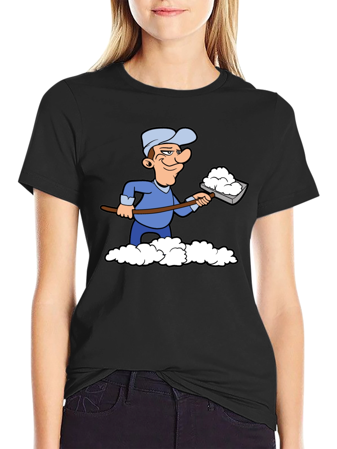 Black Funny Snow Shoveler Cartoon Black T-Shirt view 2
